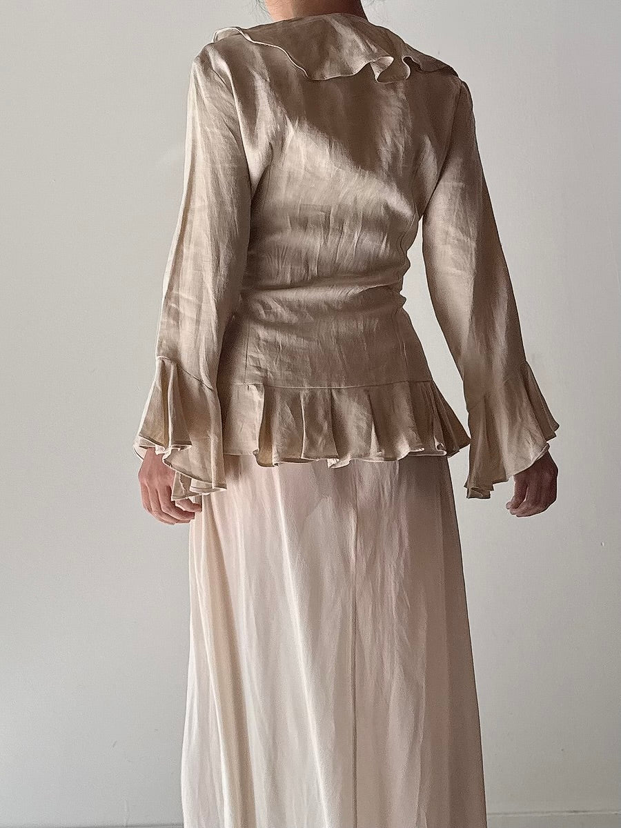 Vintage Cottonade Paris Beige Ruffle Top - FR38