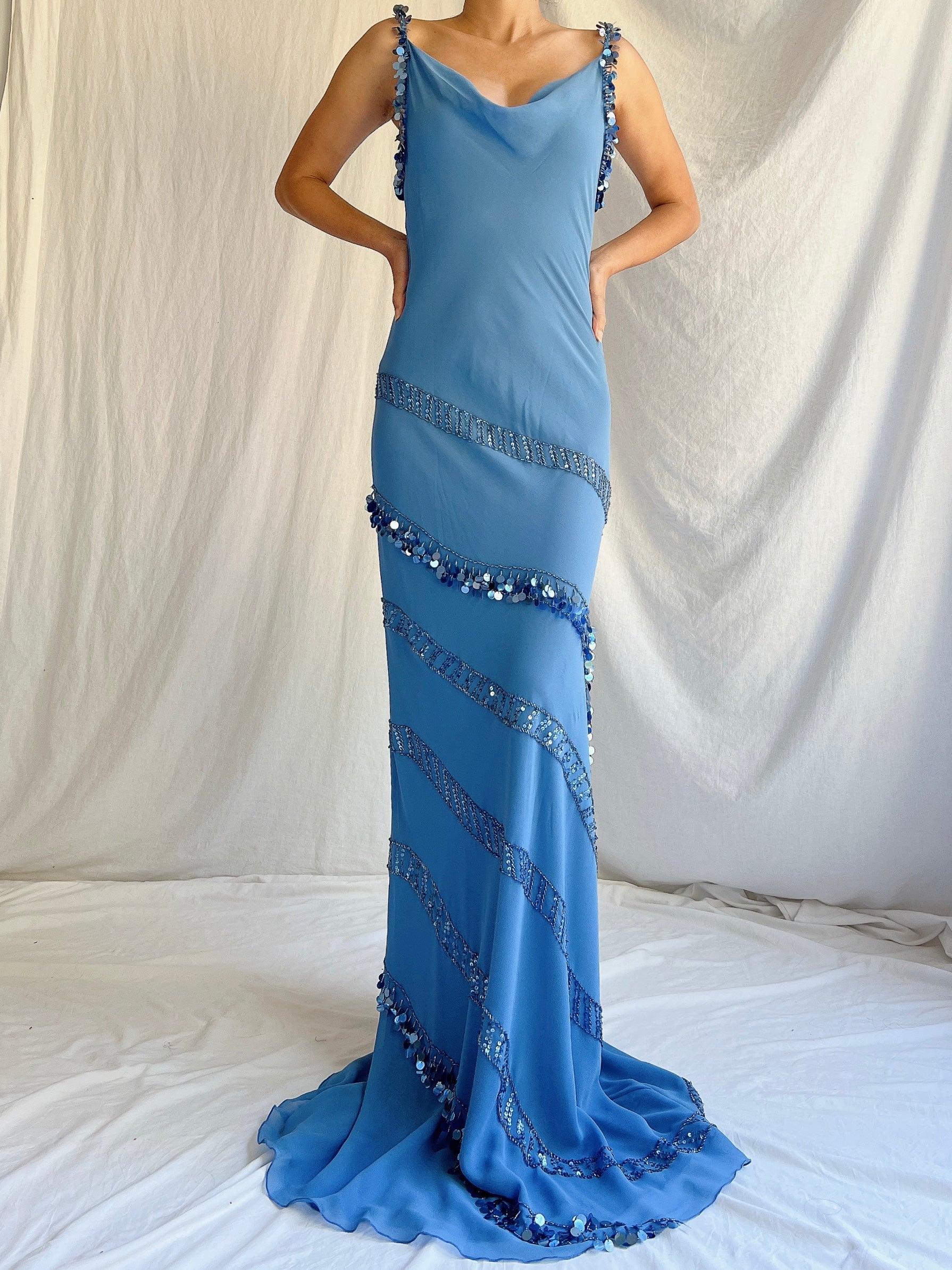 Vintage Blue Silk Crepe Gown - M/L