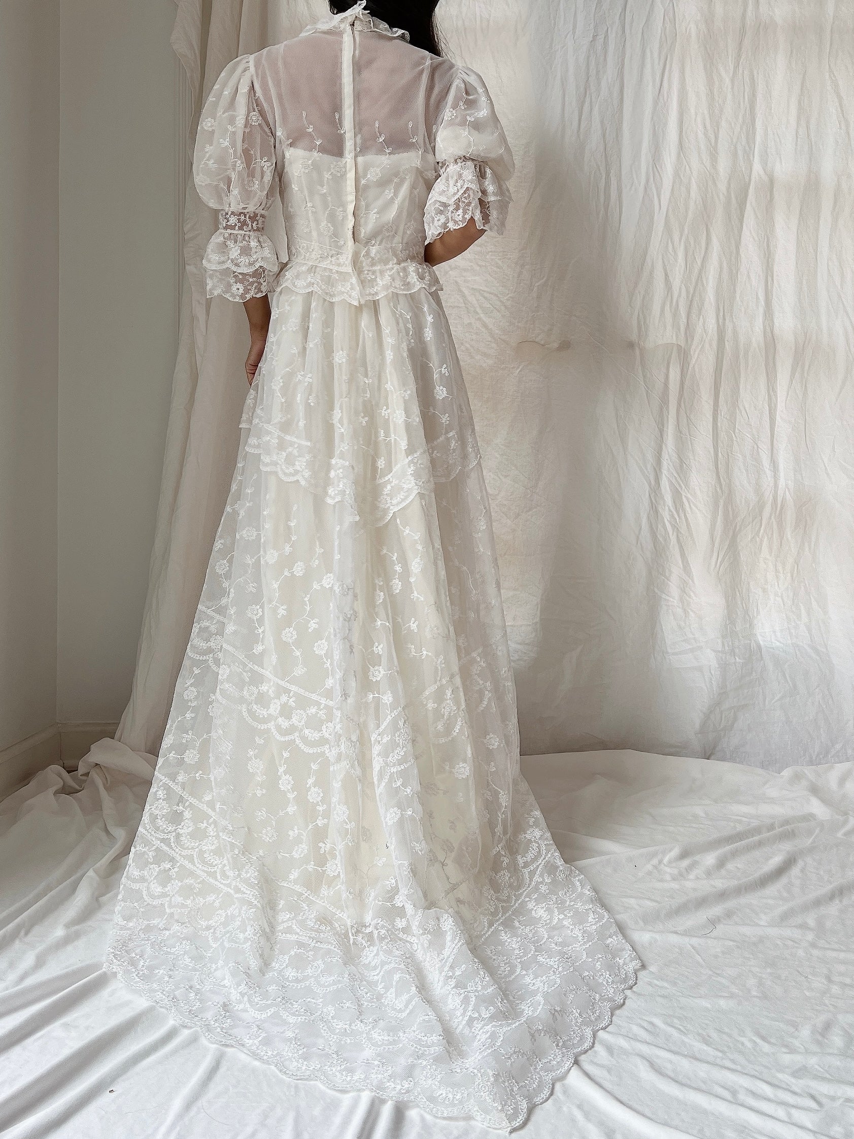 Vintage Needle Lace Puff Sleeve Gown - S