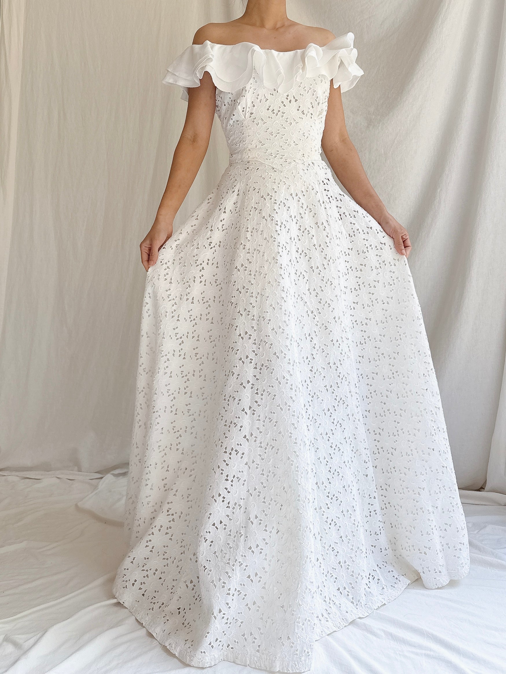 1930s Cutout Ruffle Cotton Dress - XS