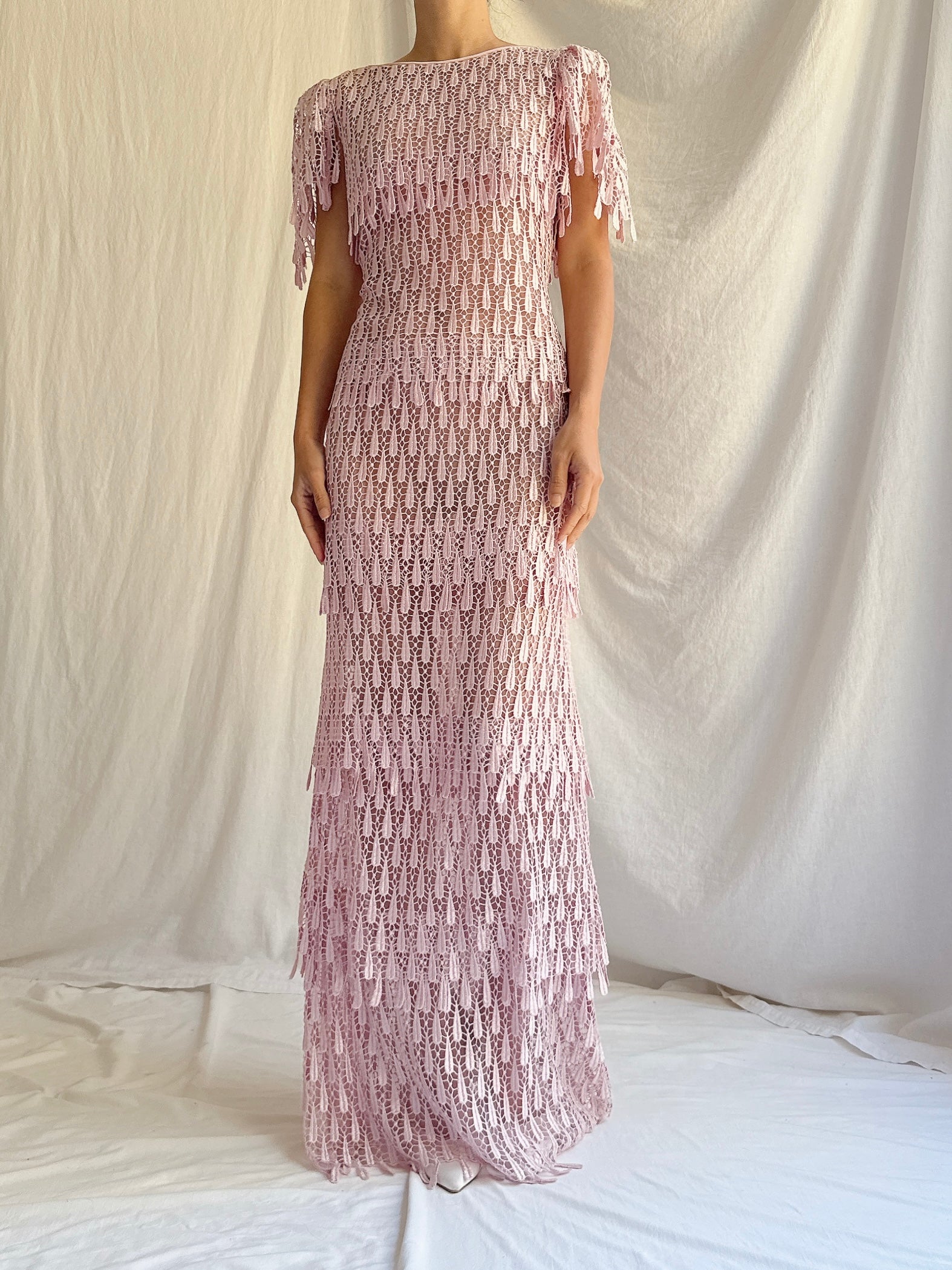 Vintage Sheer Pink Embroidered Lace Dress - S/M