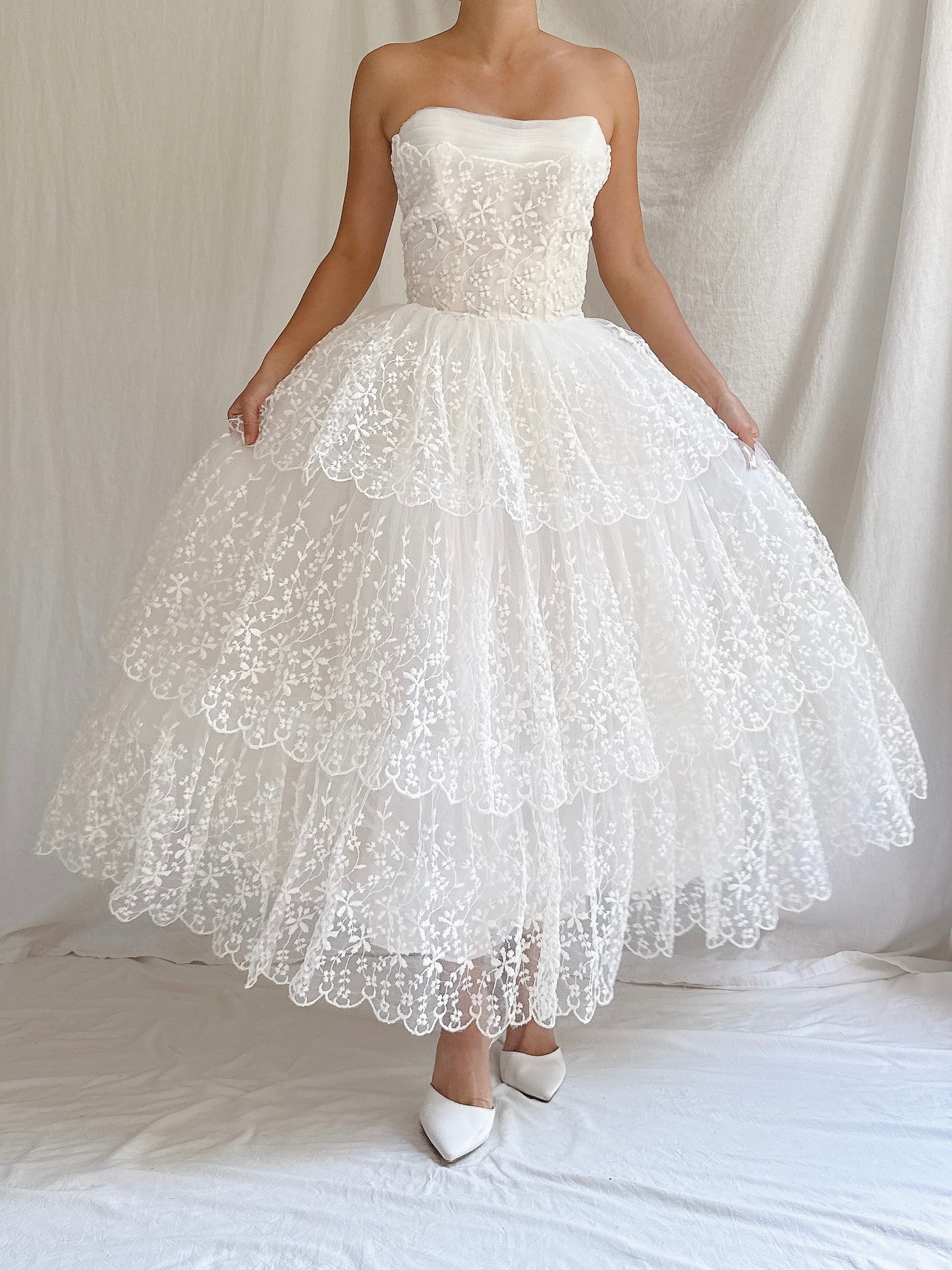 1950s Tulle Embroidered Dress - XS