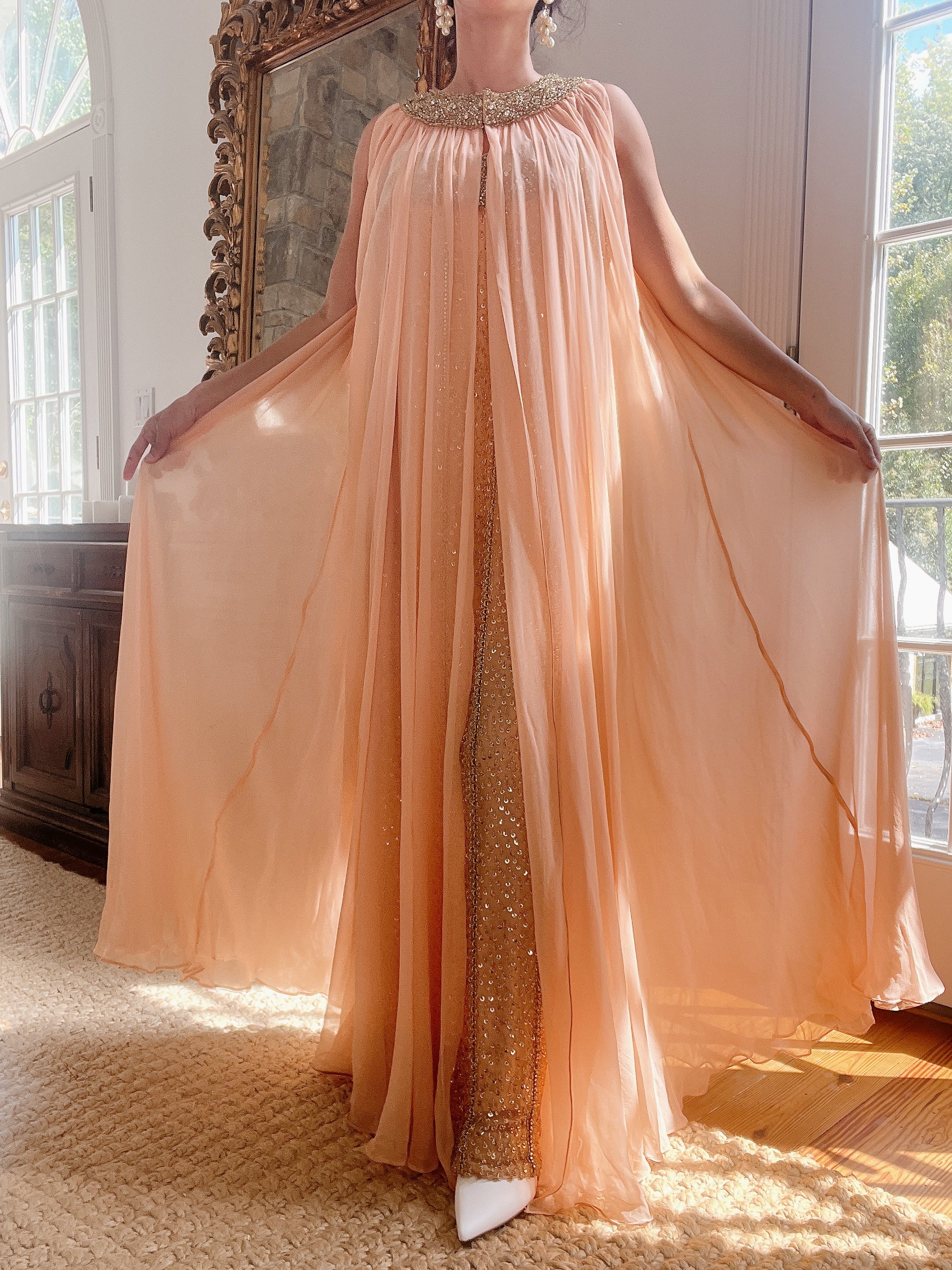 1960s Peach Beaded Gown & Cape - M/L