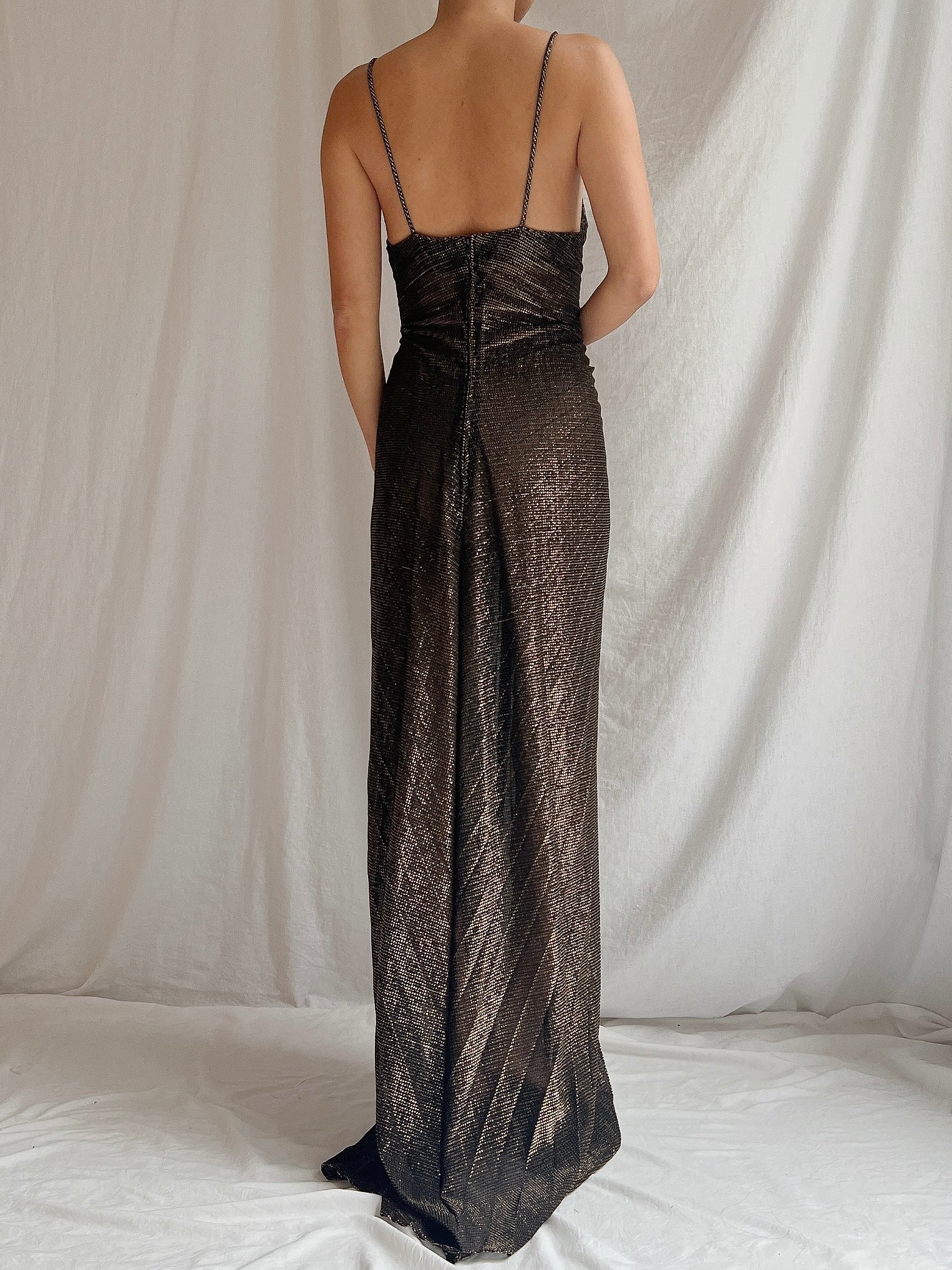 Vintage Bronze/Black Pleated Lurex Gown - S/M