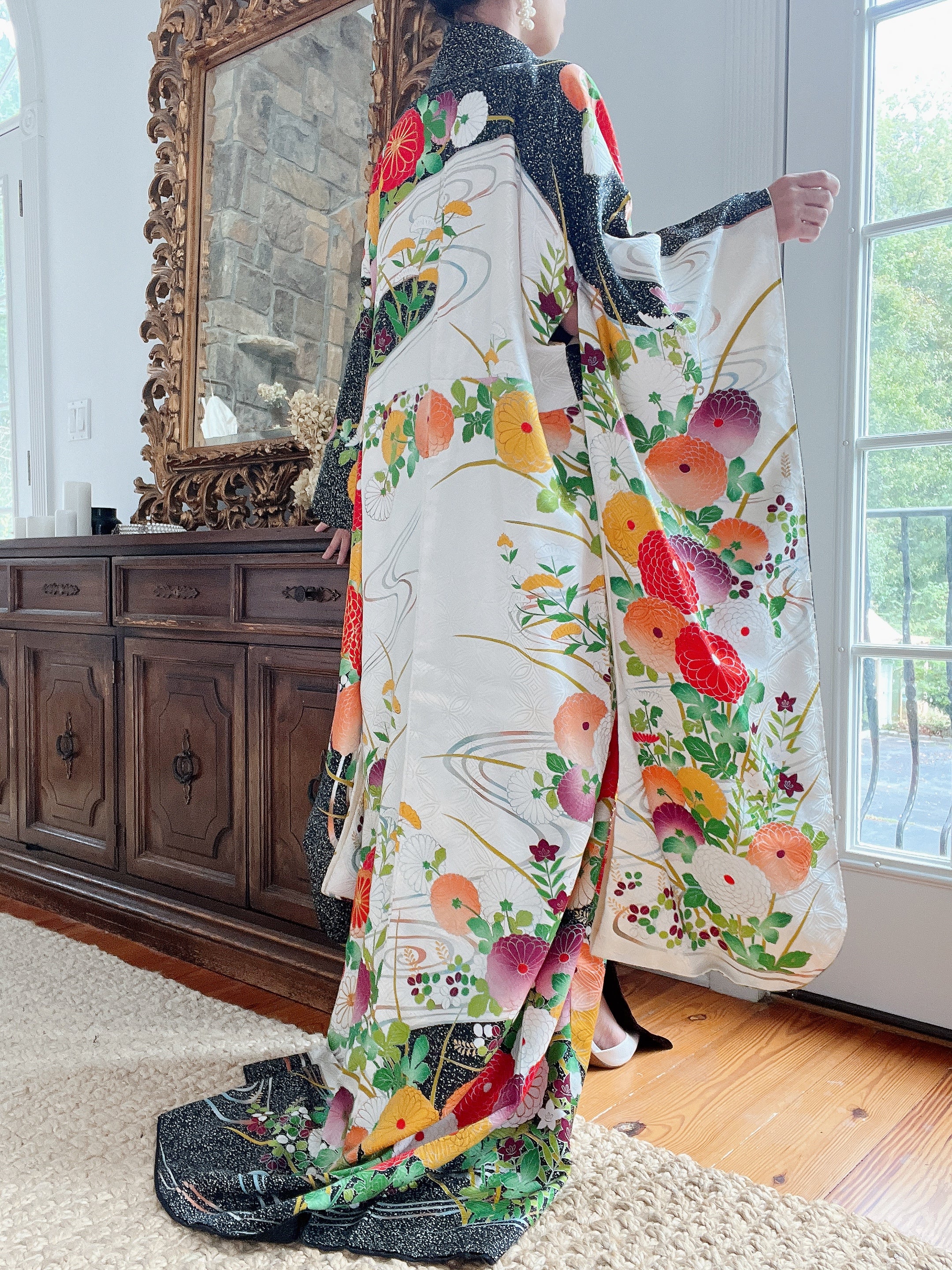 Vintage Silk Black and Green Floral Kimono - OSFA