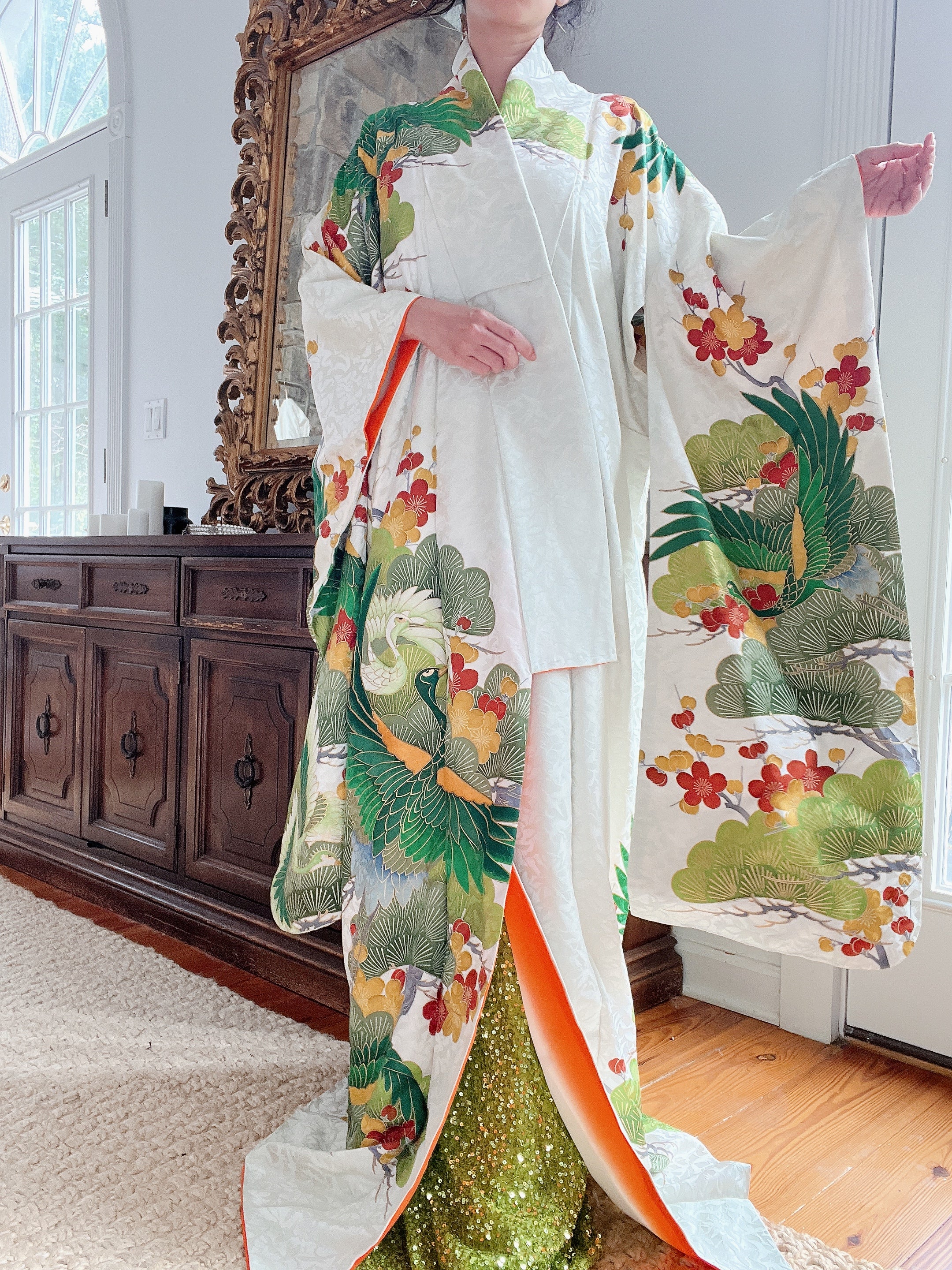 Vintage Green and Ivory Silk Kimono - OSFA