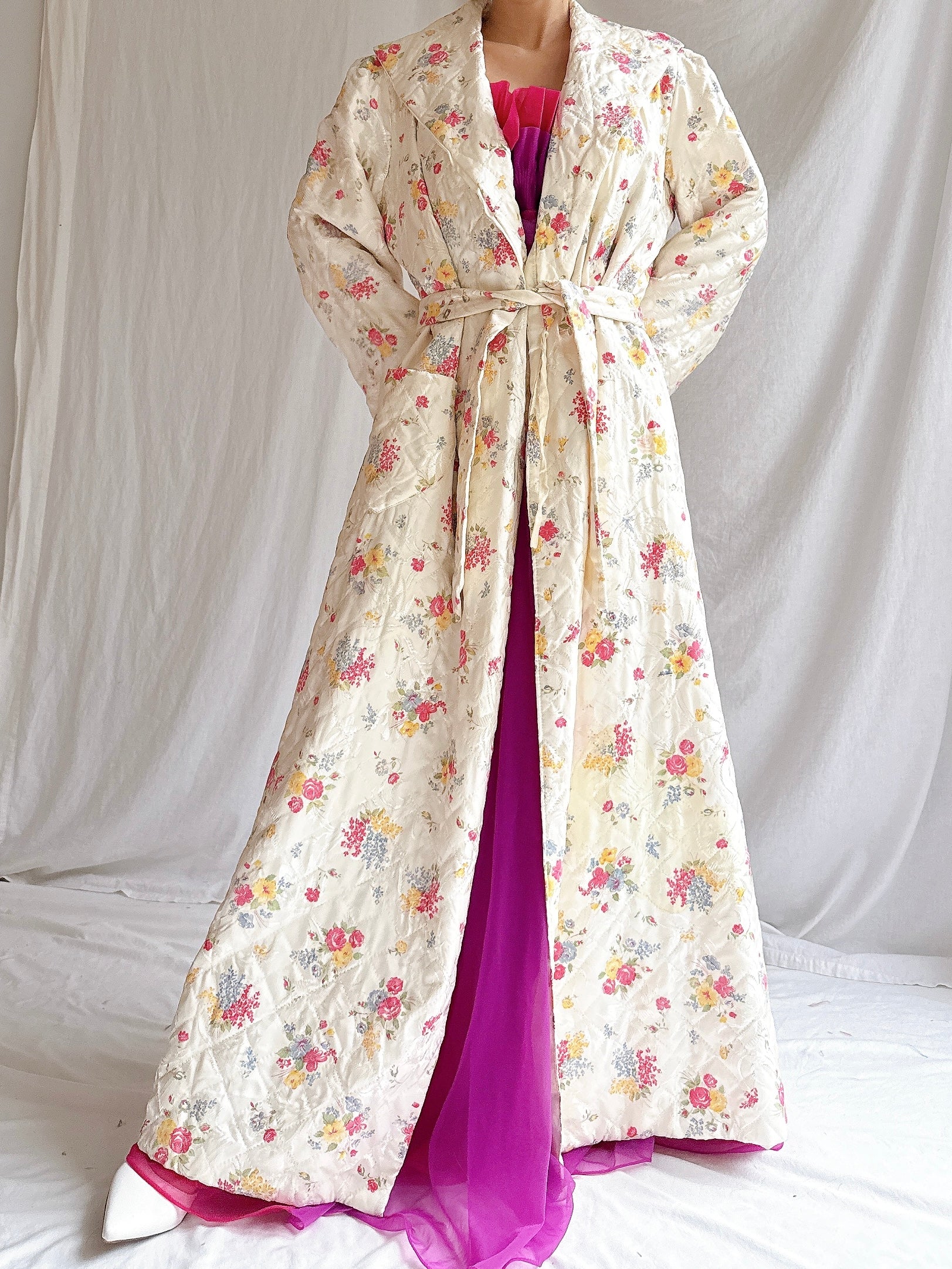 1940s Satin Floral Quilted Coat - S