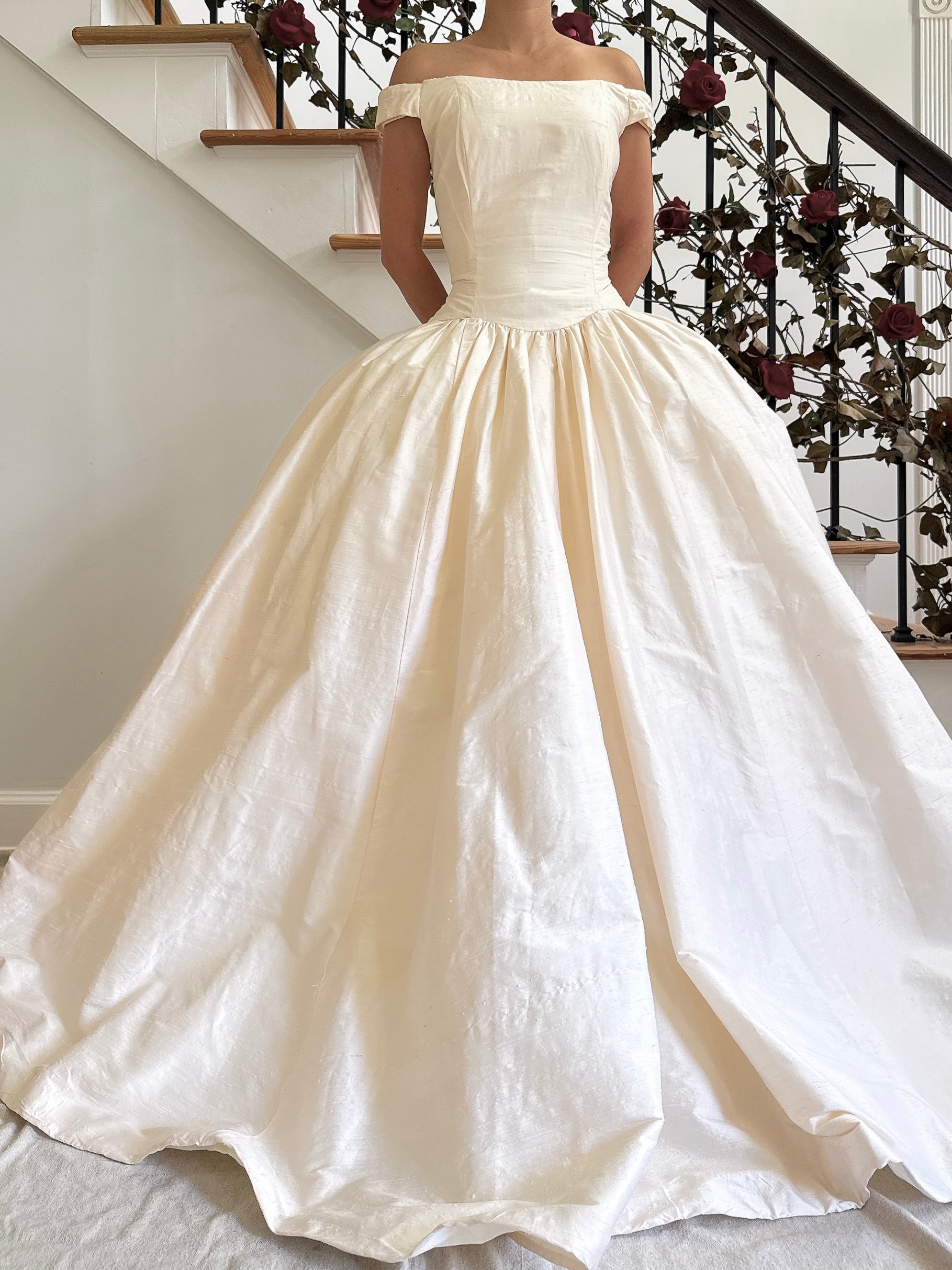 Vintage Raw Silk Portrait Collar Gown - M