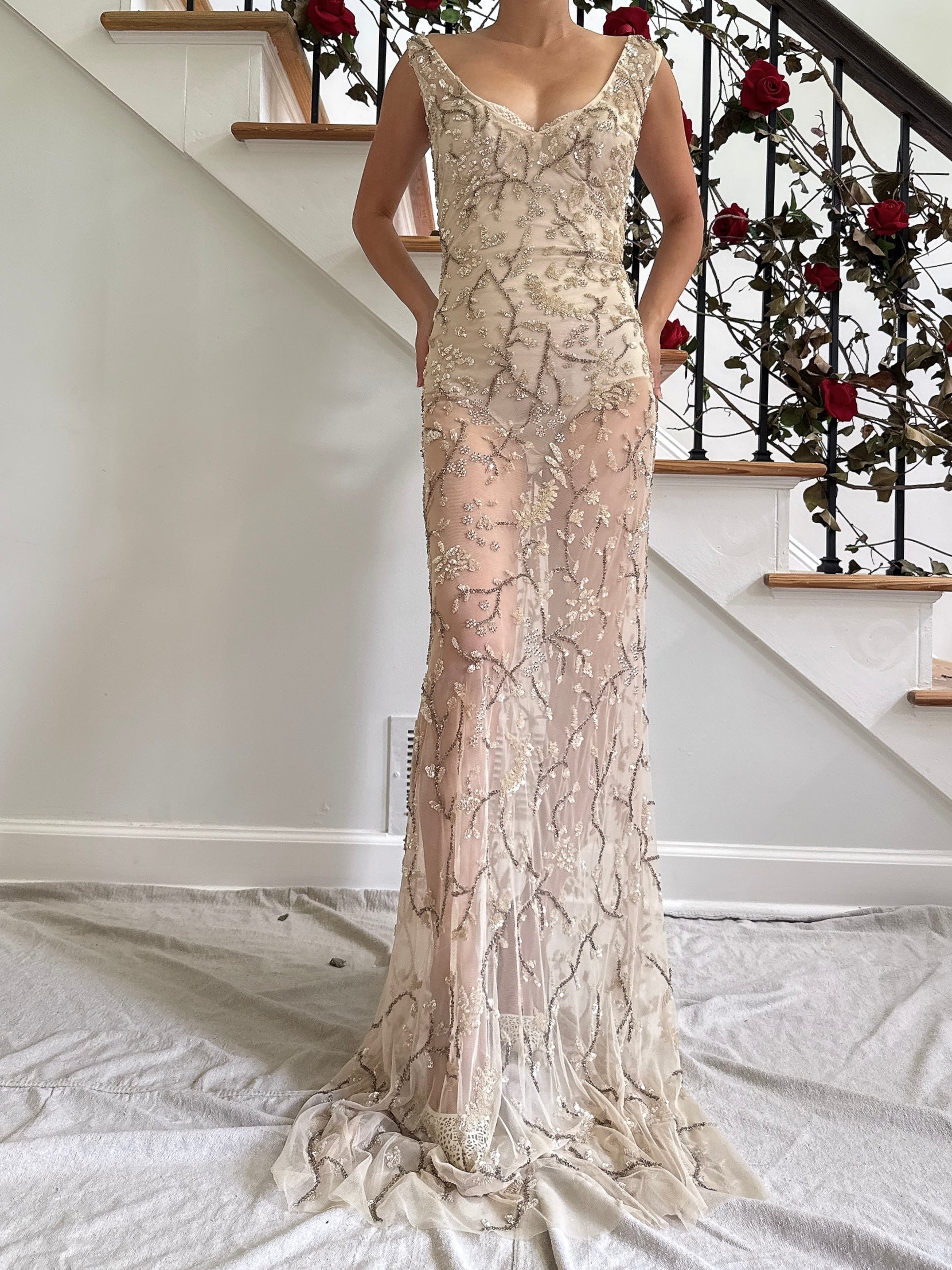 Vintage Nude Sheer Beaded Dress - L