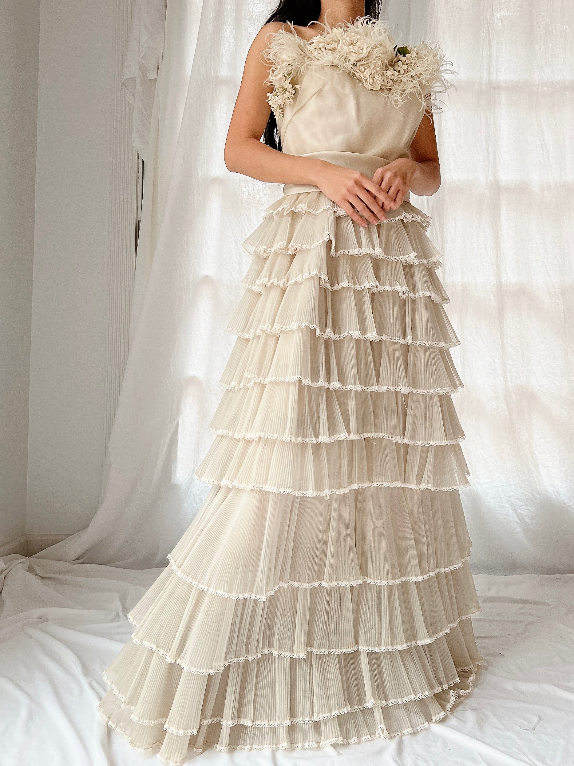 1950s Silk Organza Pleated Gown - M