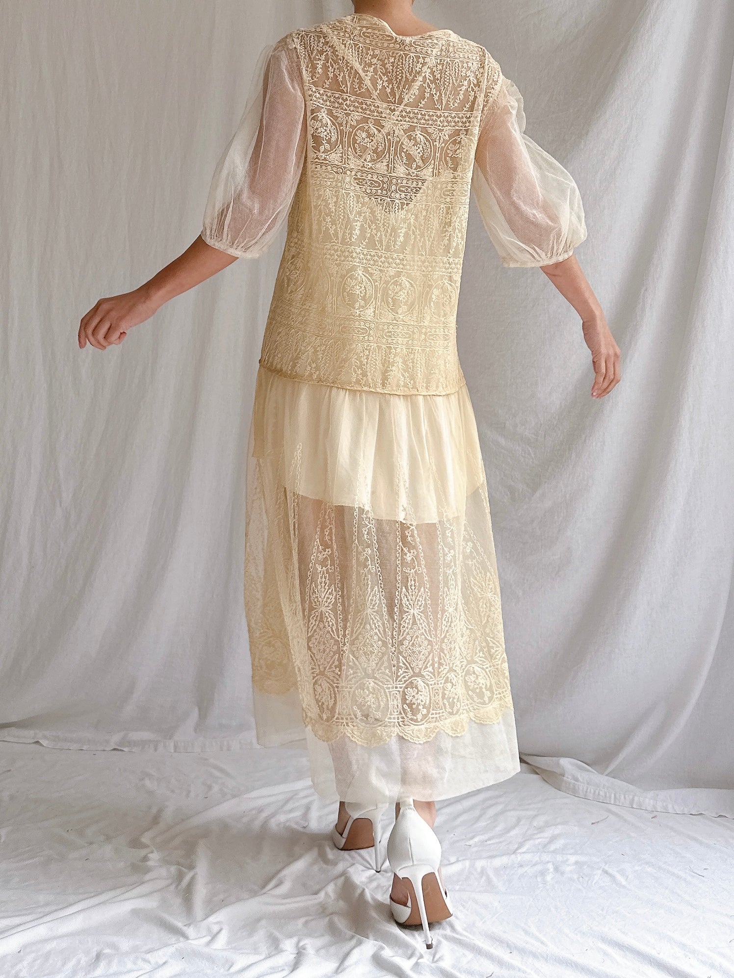 1920s Ecru Embroidered Dress - M