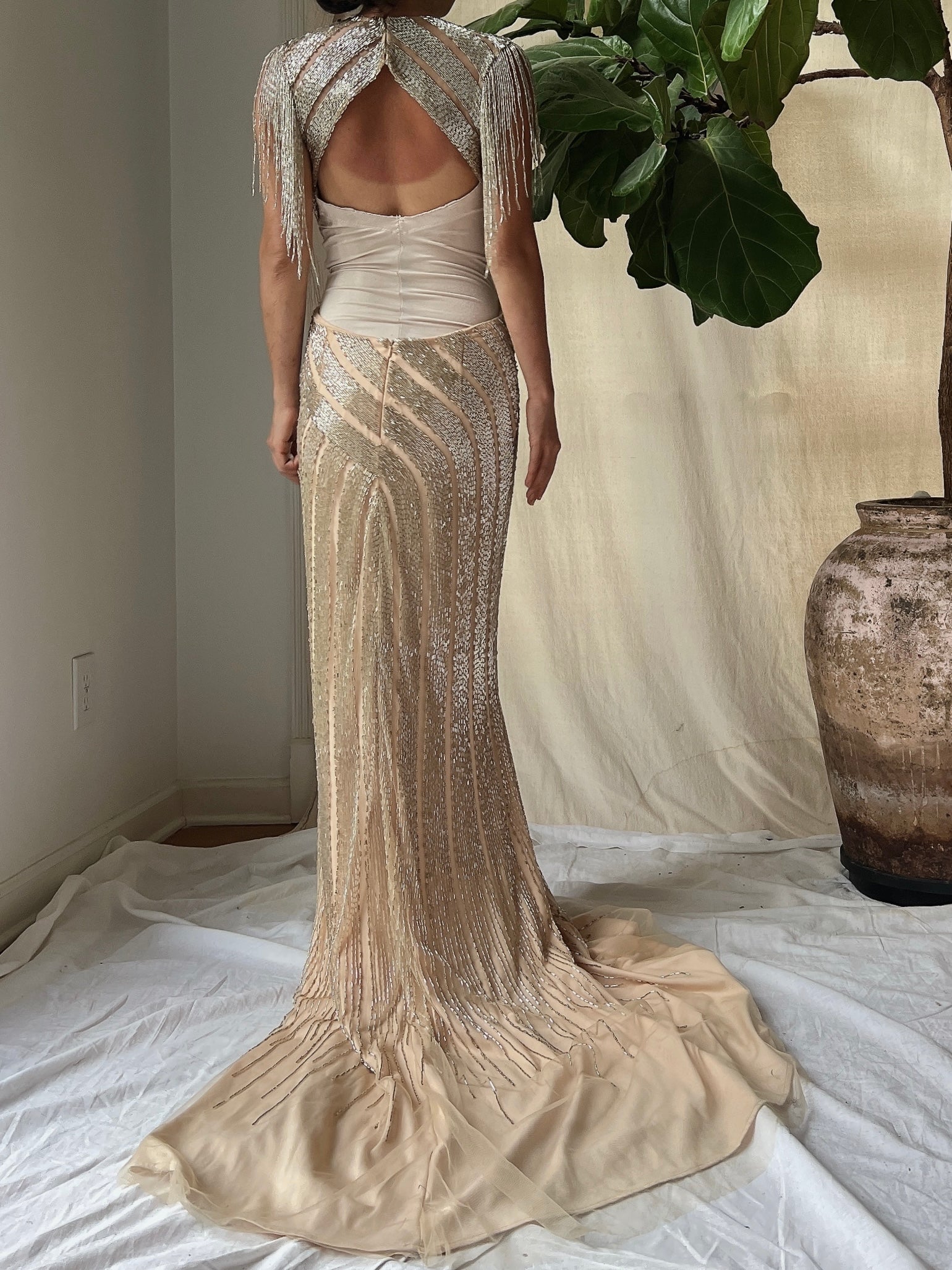 Vintage Beaded Gold/Nude Gown - S/4