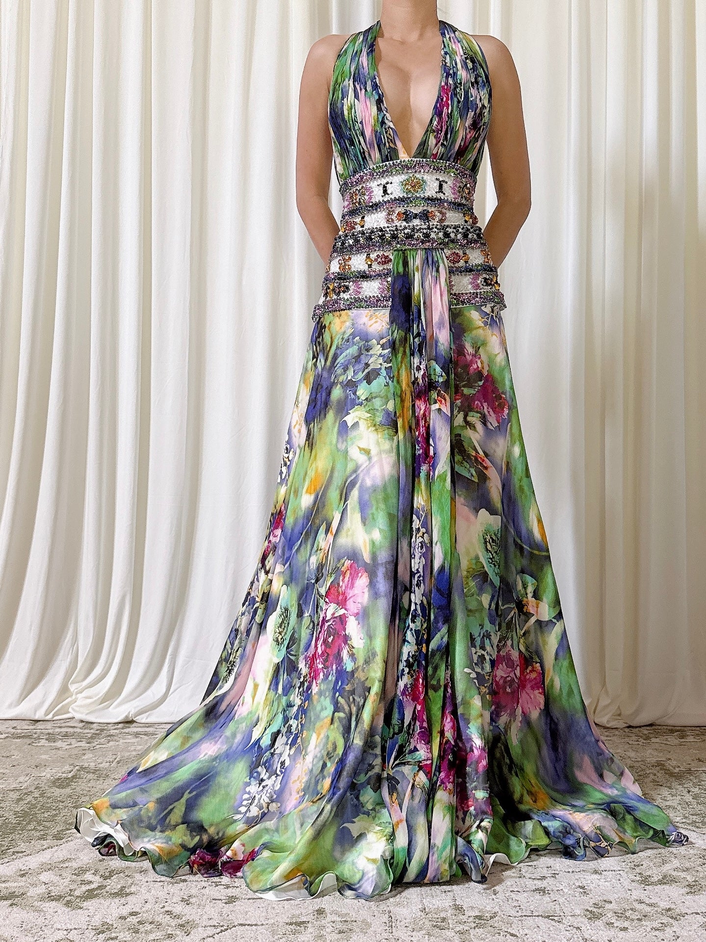 Vintage Roma Couture Halter Floral Dress - Size 16