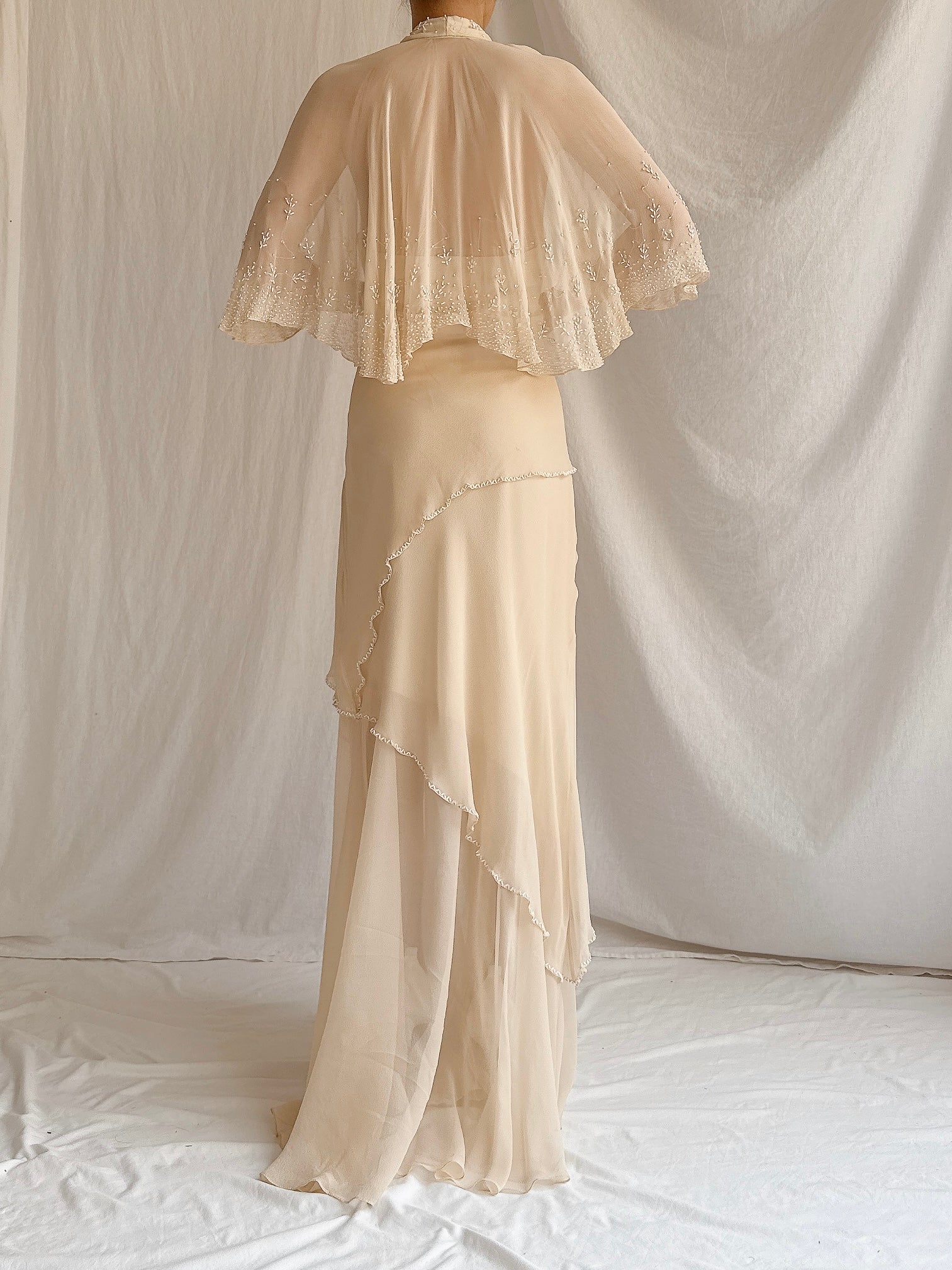 Vintage Almond Silk Cape Gown - M