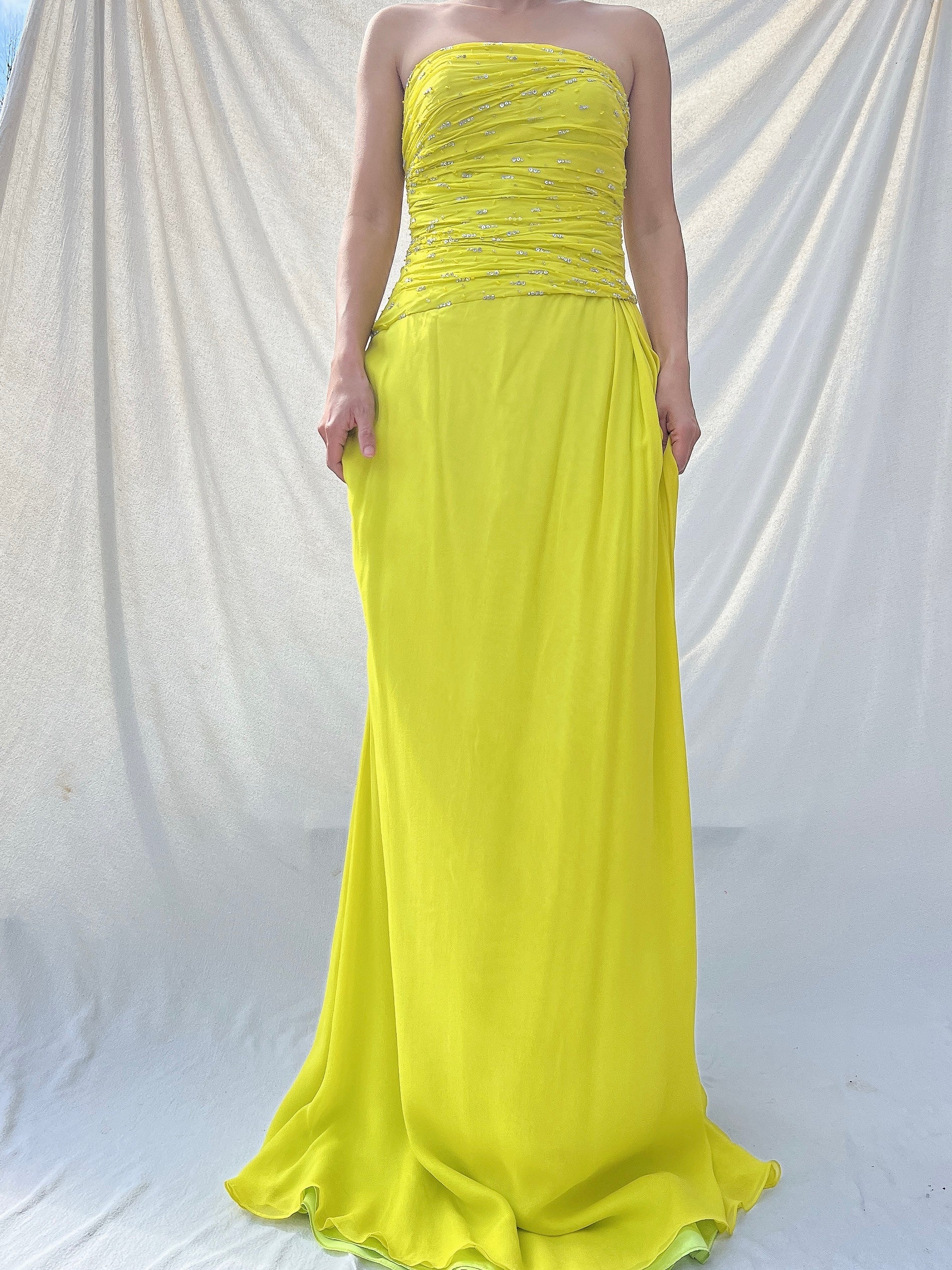 Vintage Chartreuse Silk Gown - M