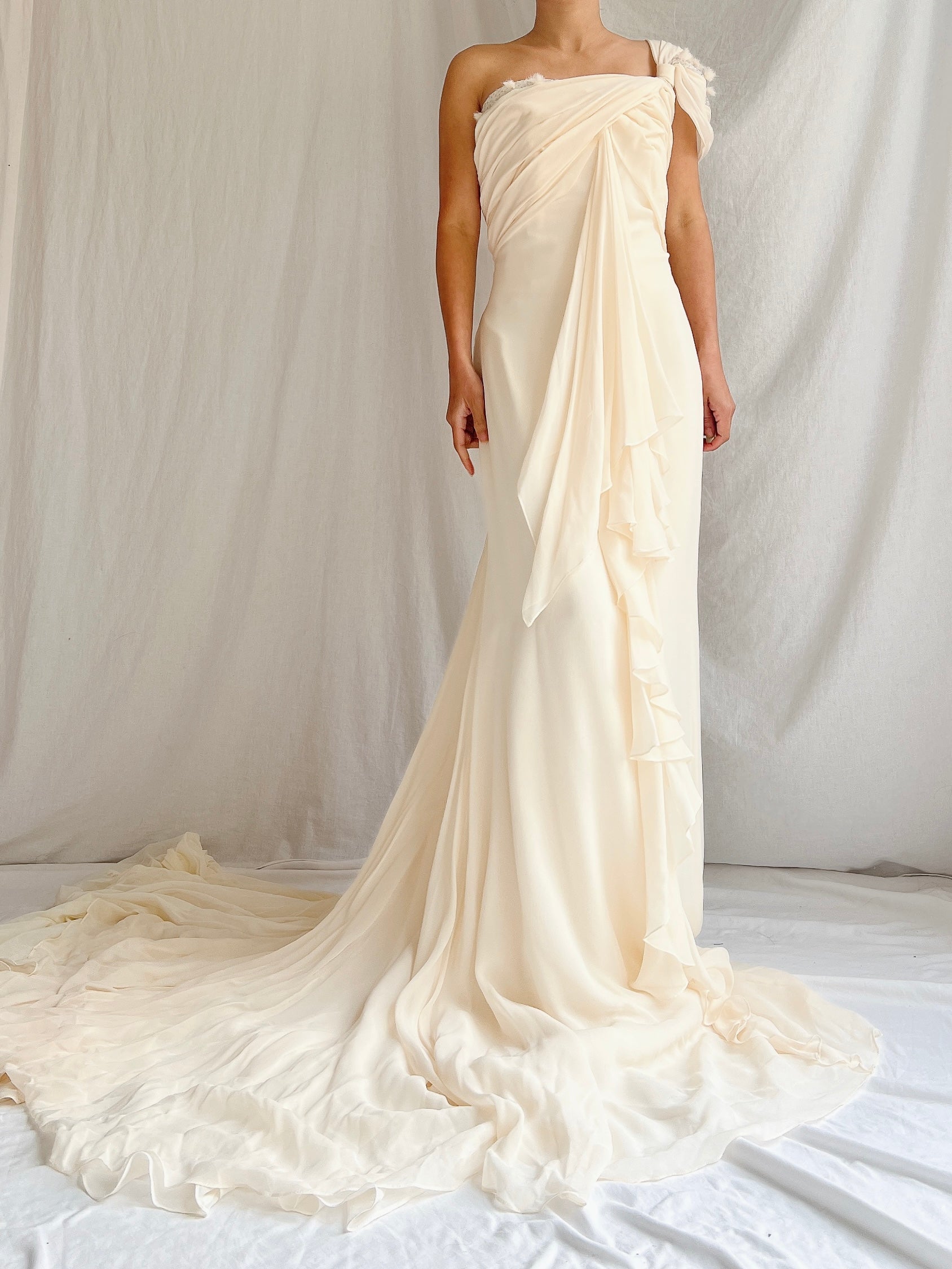 Vintage Silk One-Shoulder Gown - M