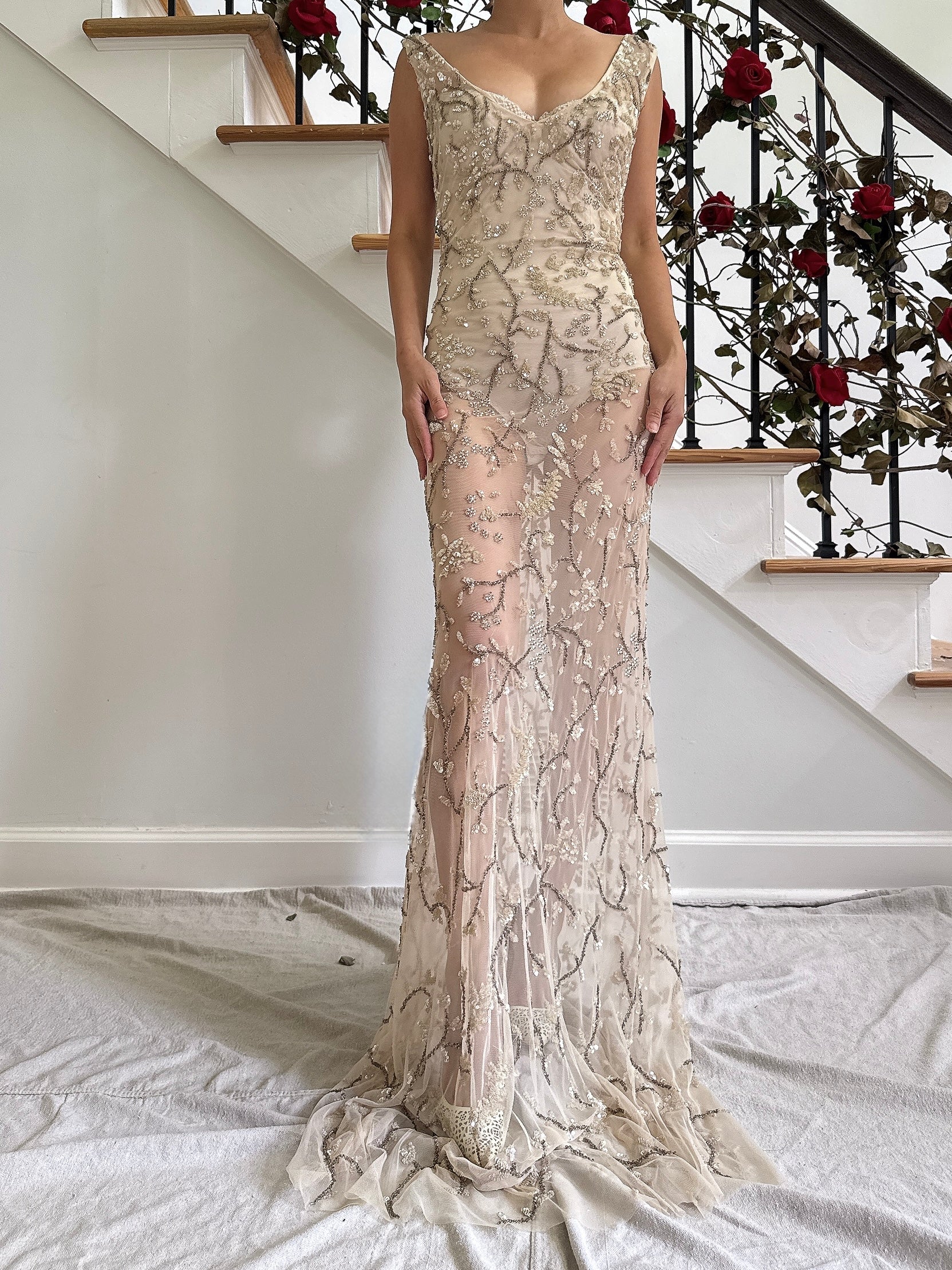 Vintage Nude Sheer Beaded Dress - L