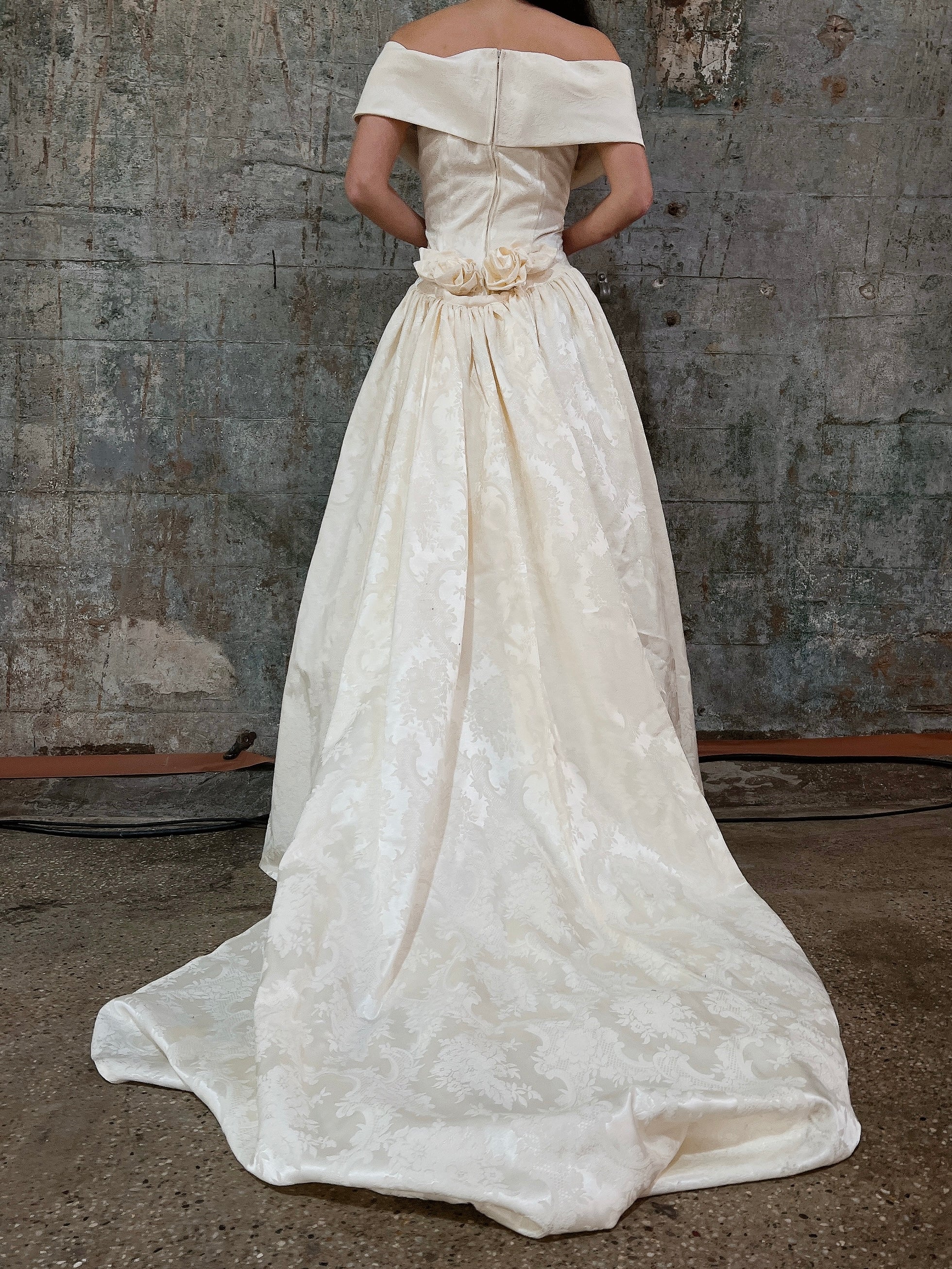 Vintage Brocade Off-the-Shoulder Gown with Train - M