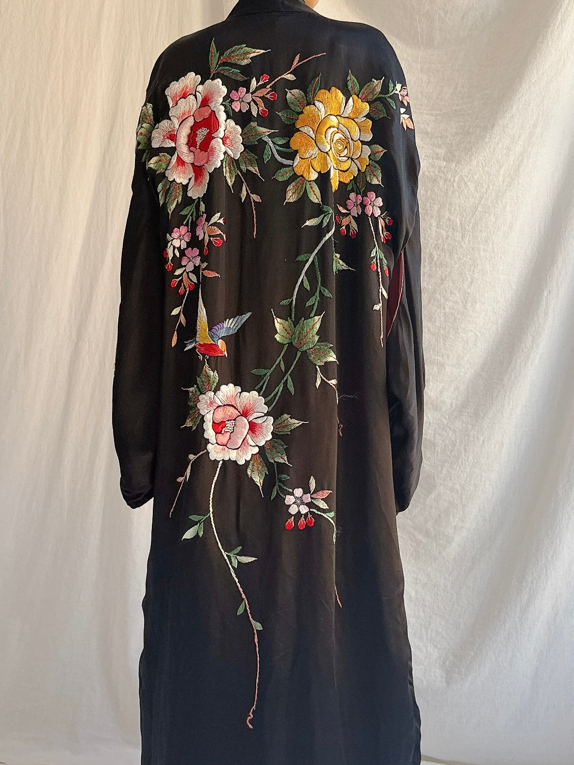 Antique Embroidered Satin Kimono - OSFM