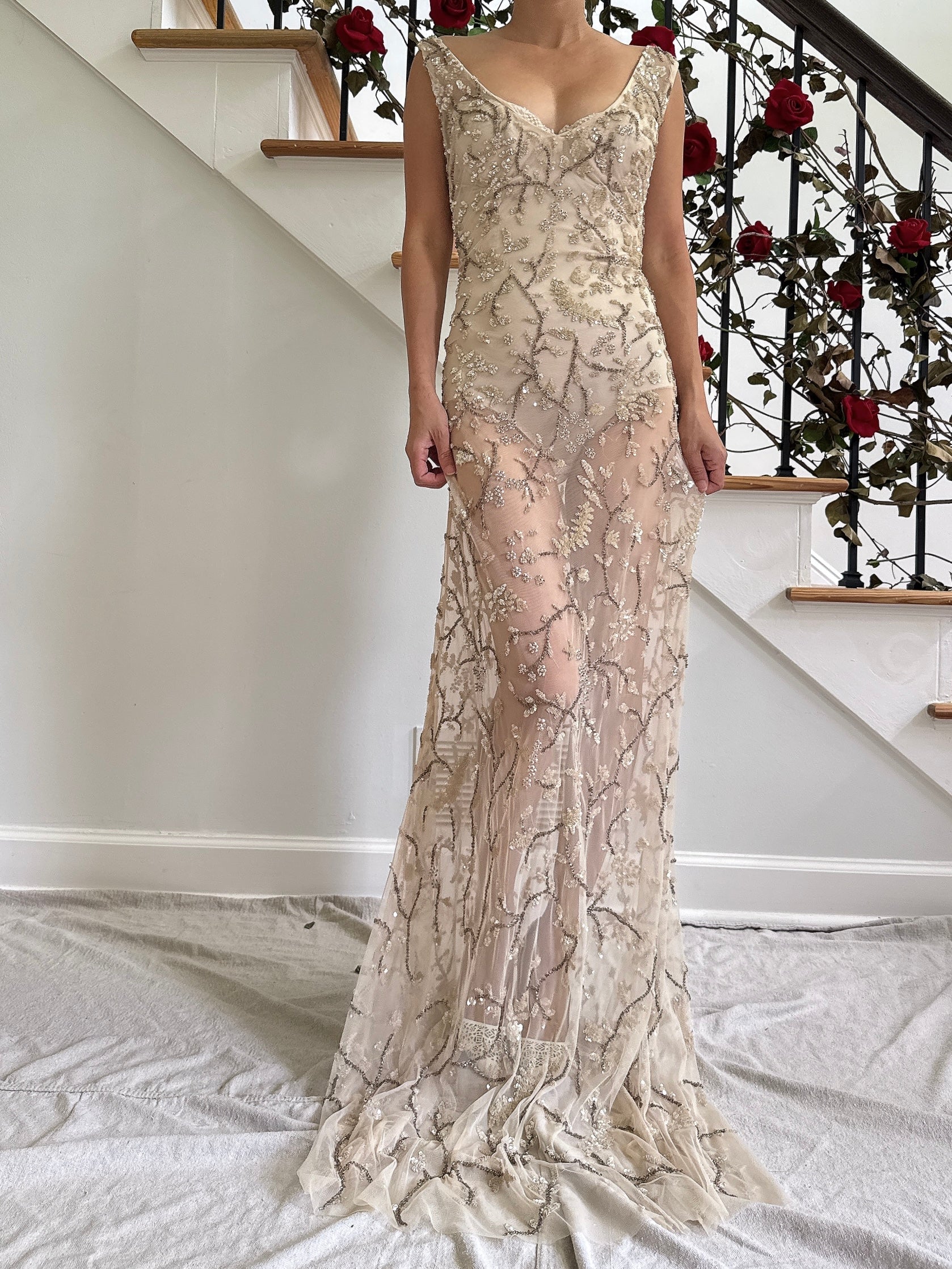Vintage Nude Sheer Beaded Dress - L