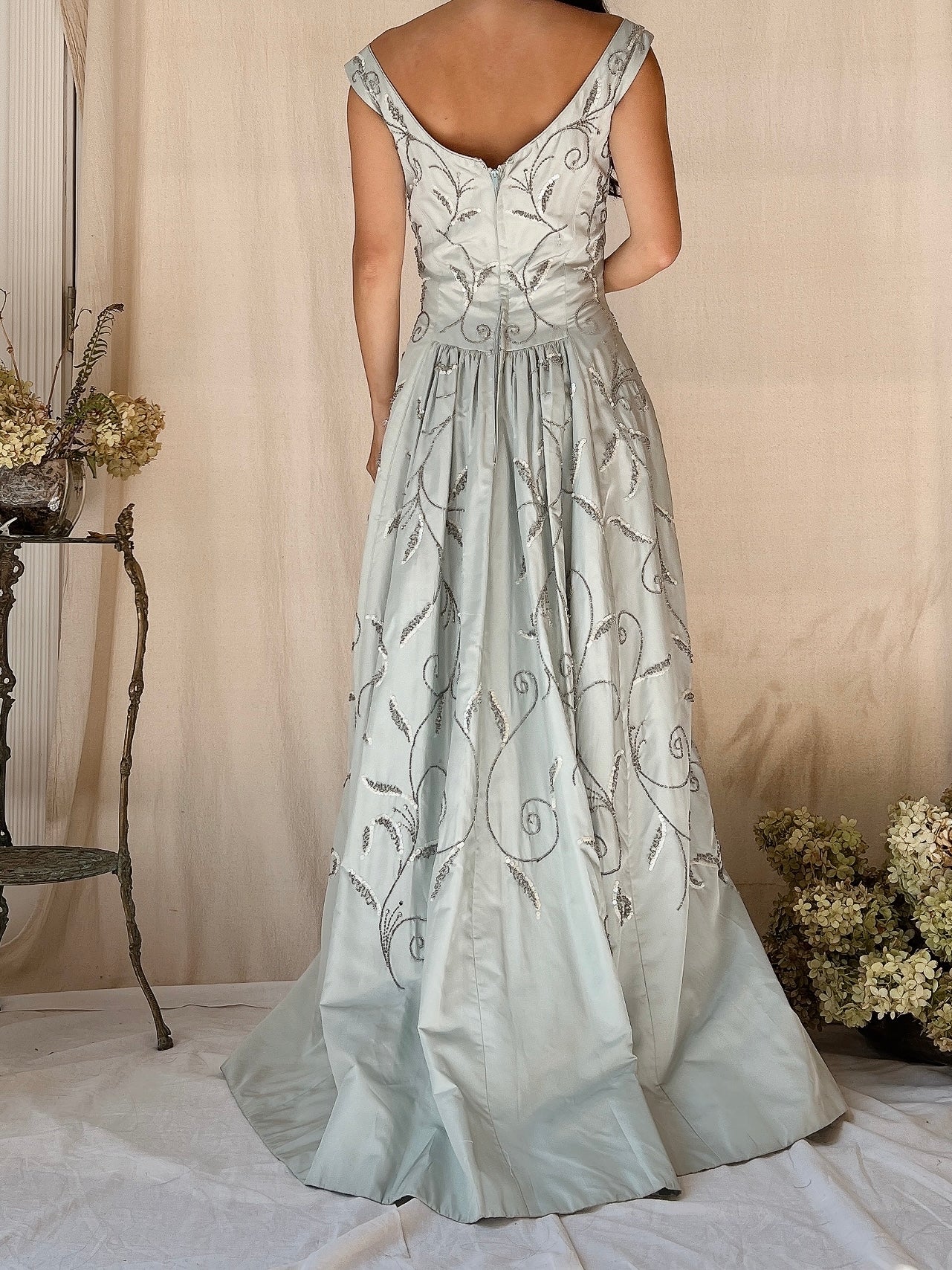 1950s Light Blue Satin Beaded Gown - XS/S