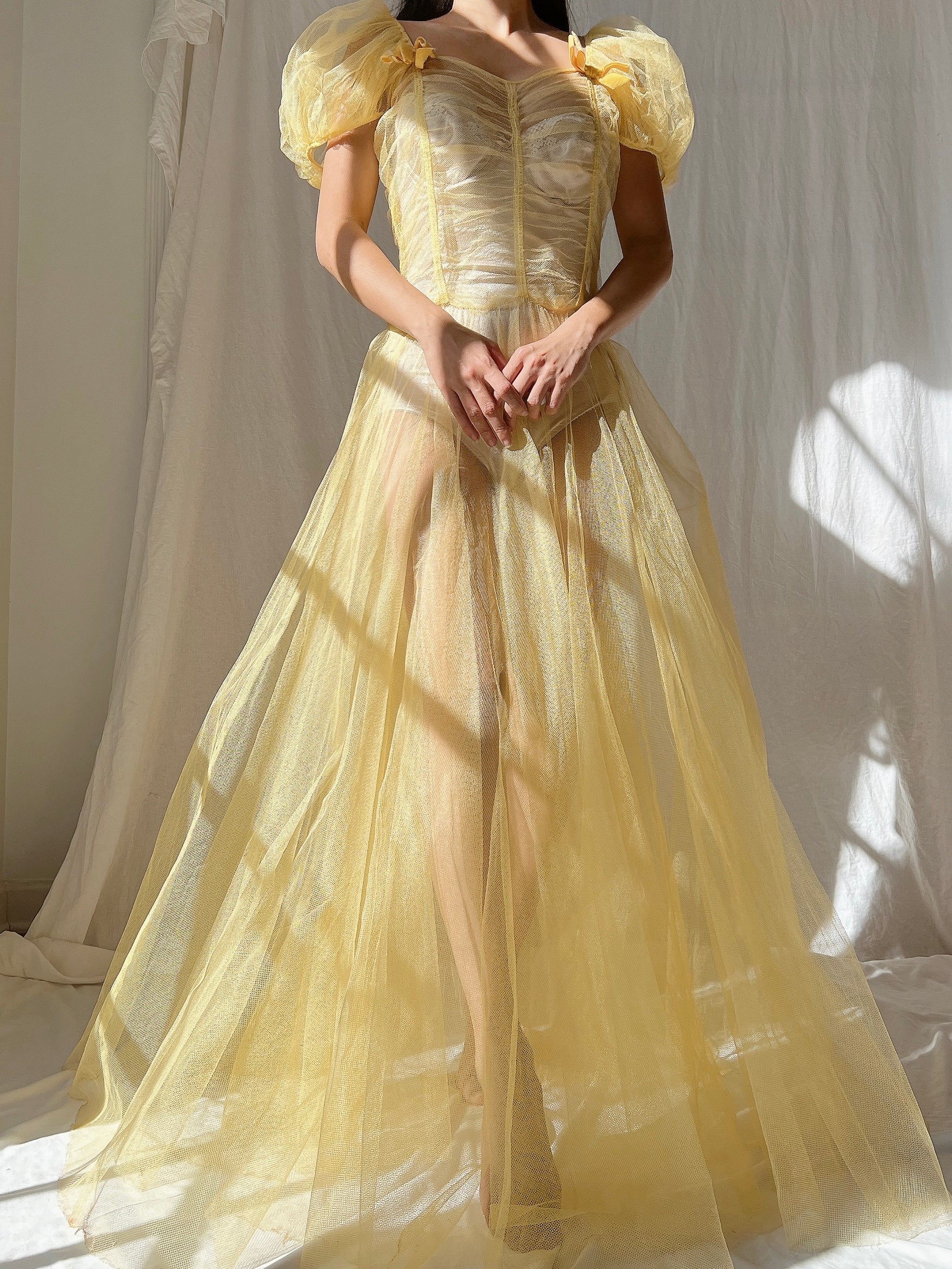 1930s Yellow Sheer Tulle Dress - XS