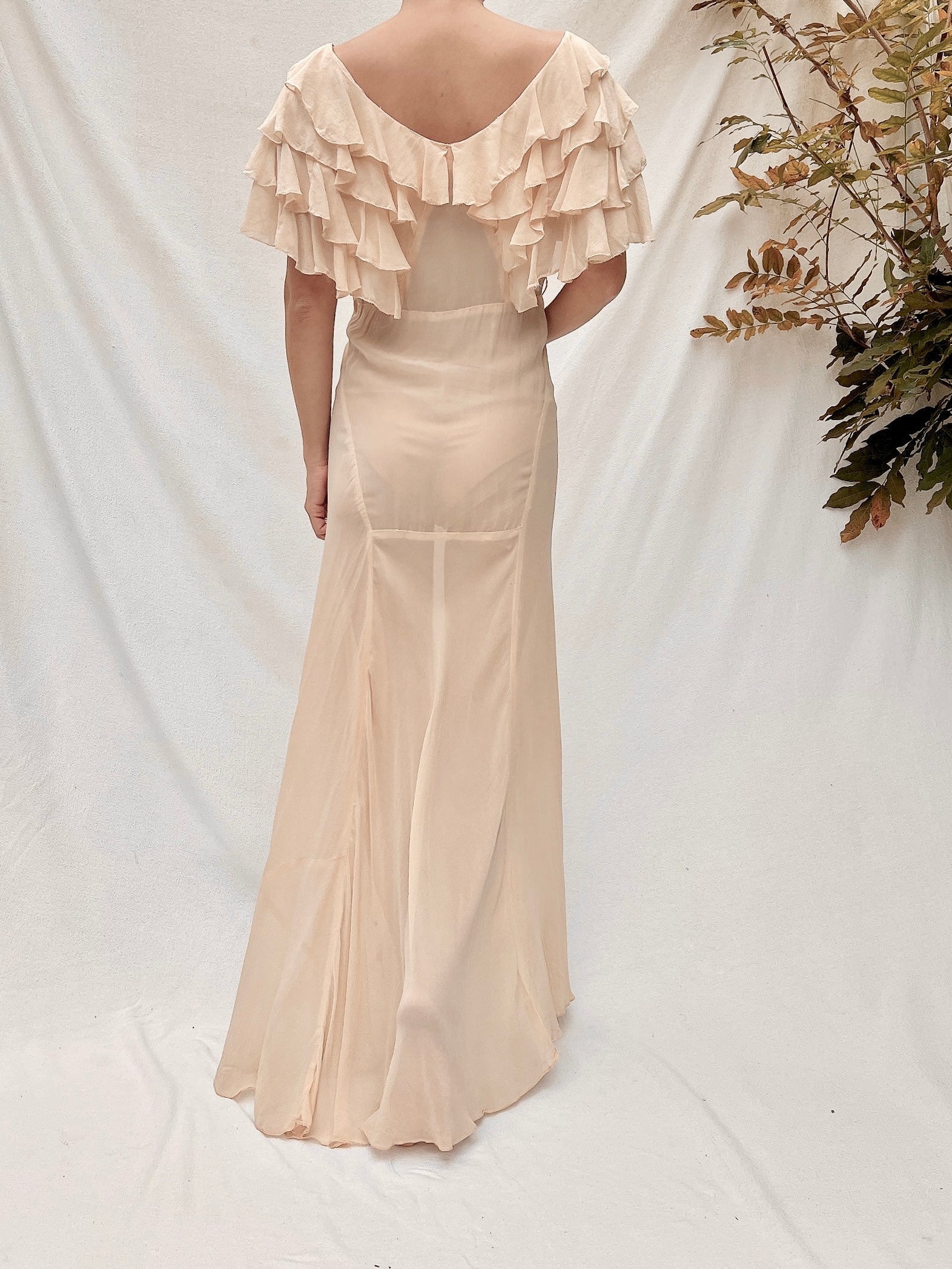 Vintage Eggshell Silk Ruffle Gown - S