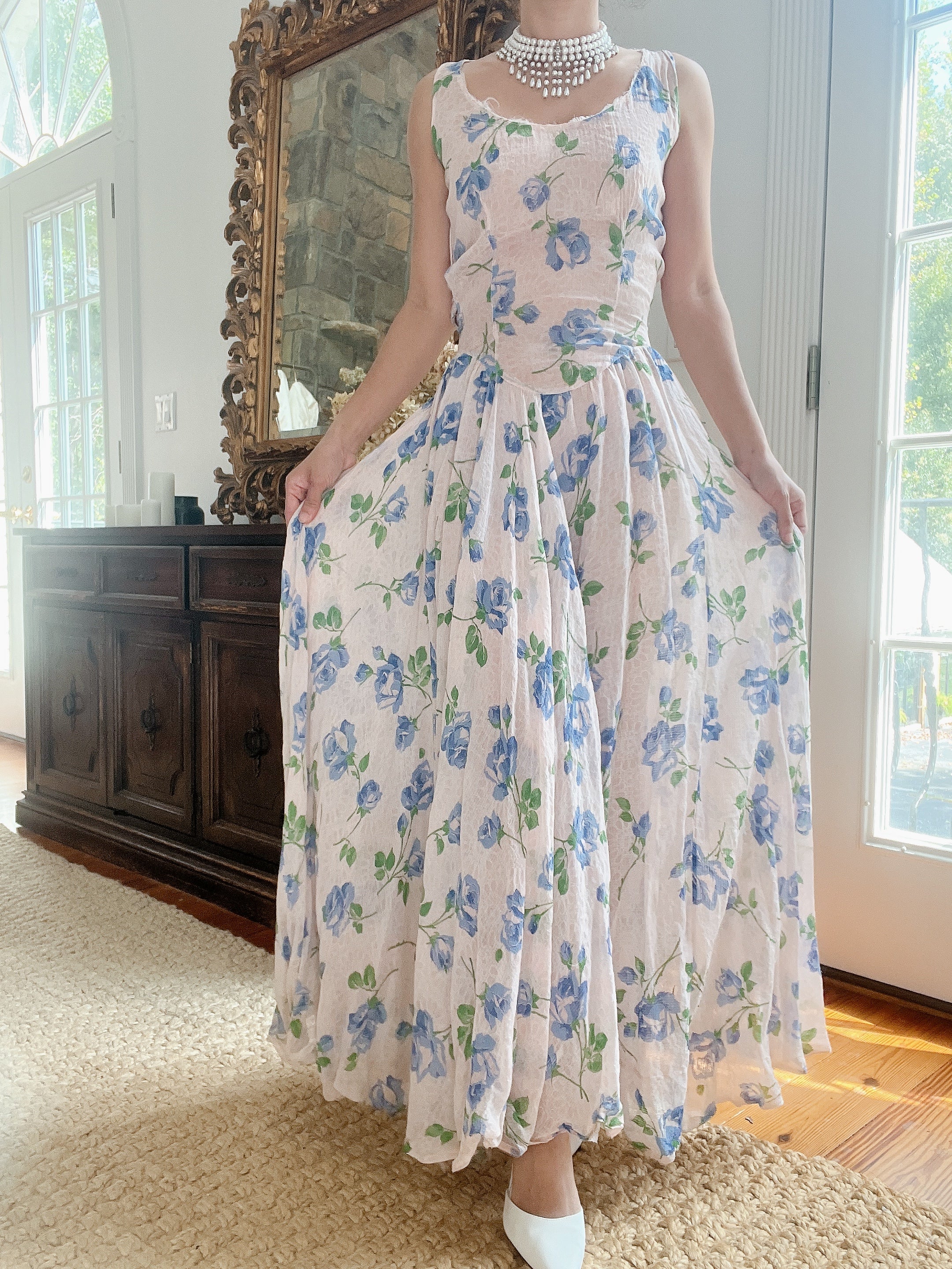 1940s Blue Floral Dress - M