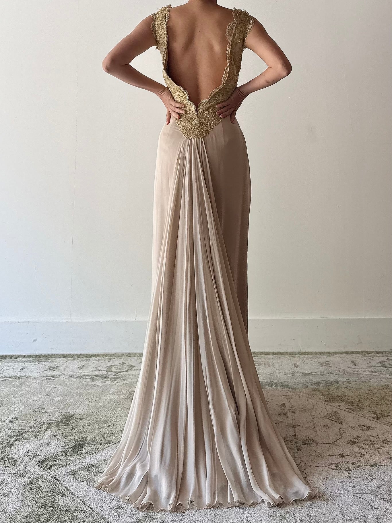 Vintage Yoly Munoz Silk Chiffon Gold Embroidered Gown - Size 8