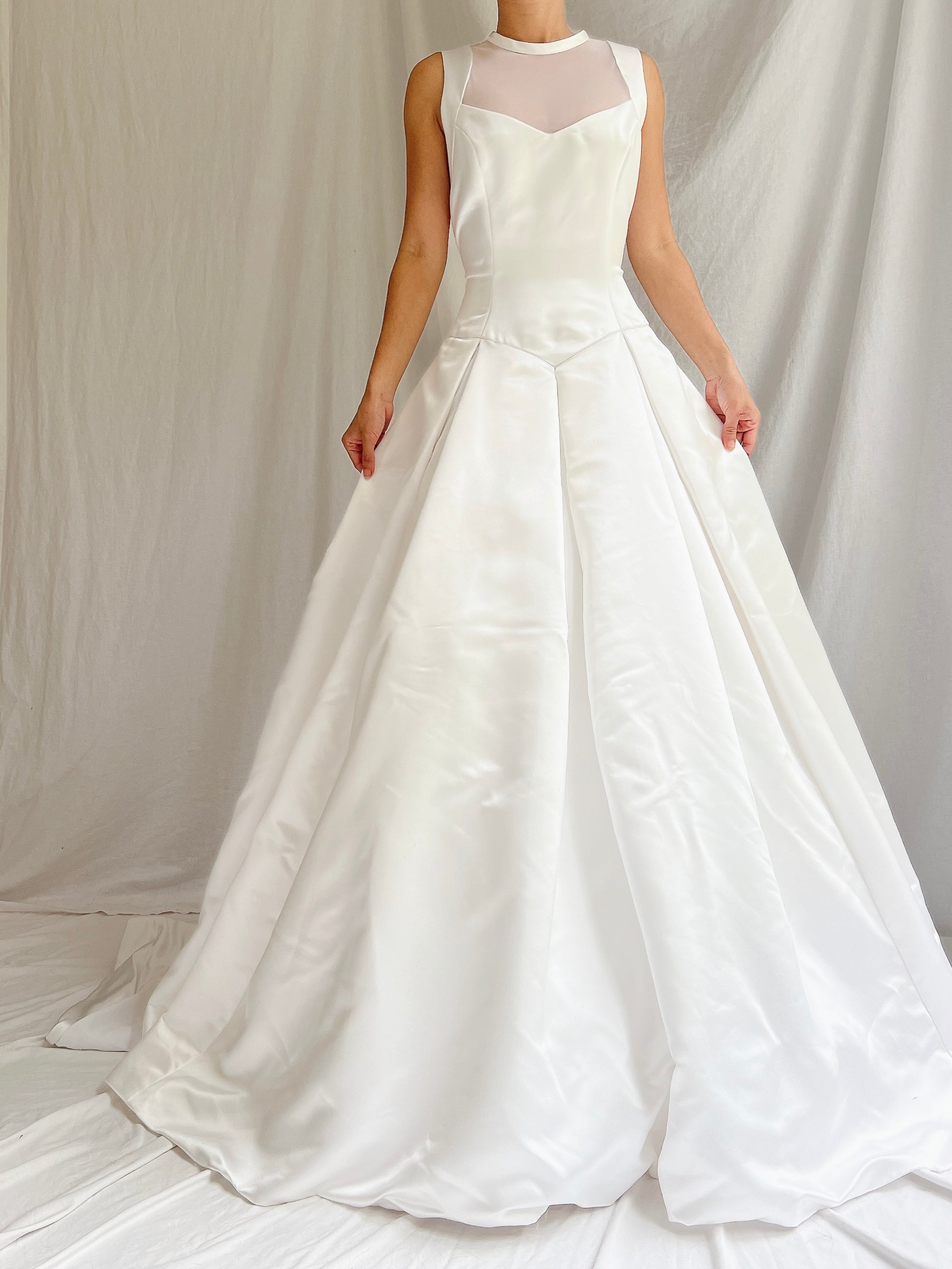 Vintage White Satin Illusion Gown - M/8