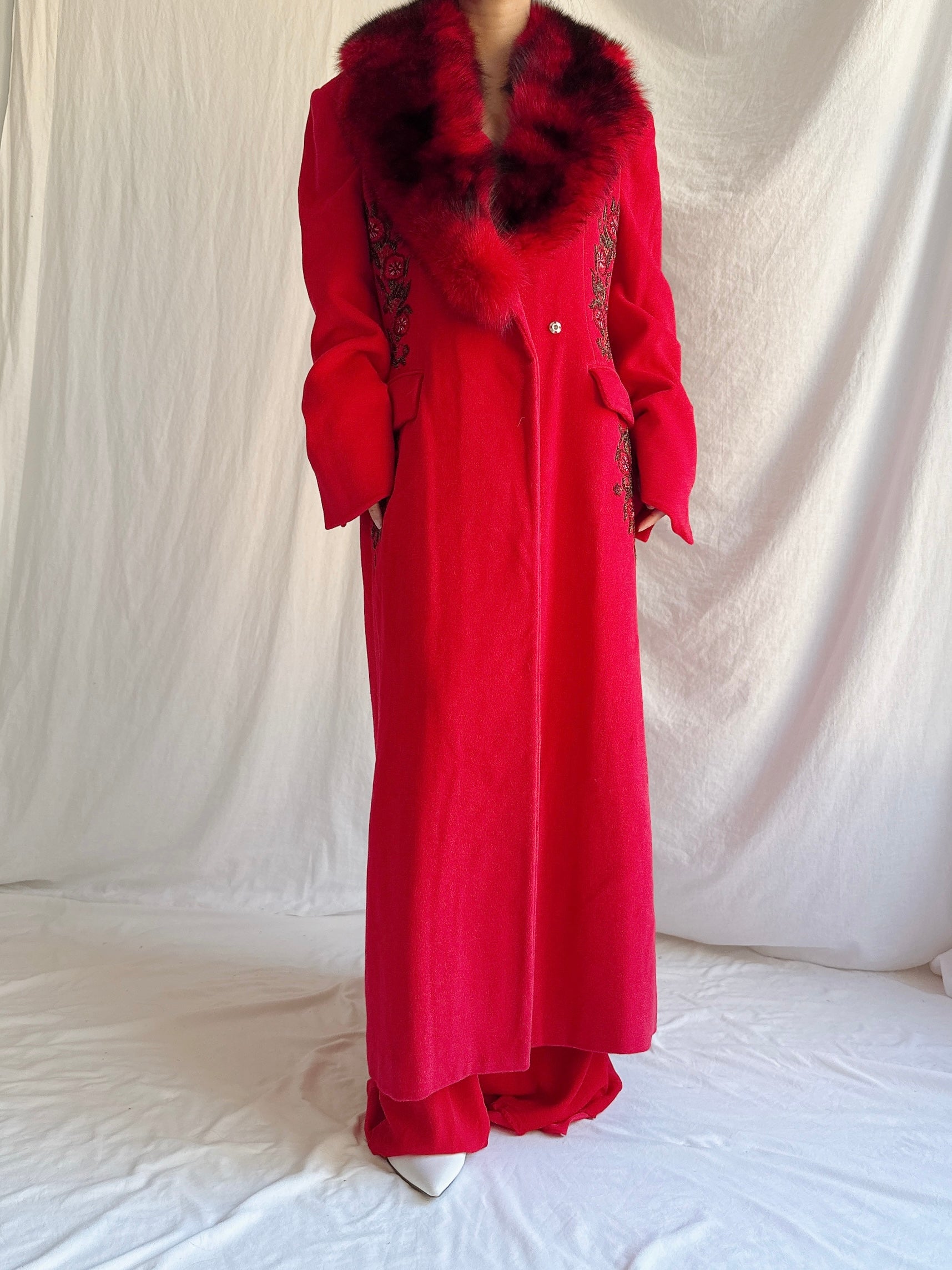 Vintage Red Wool Fox Fur Coat - M