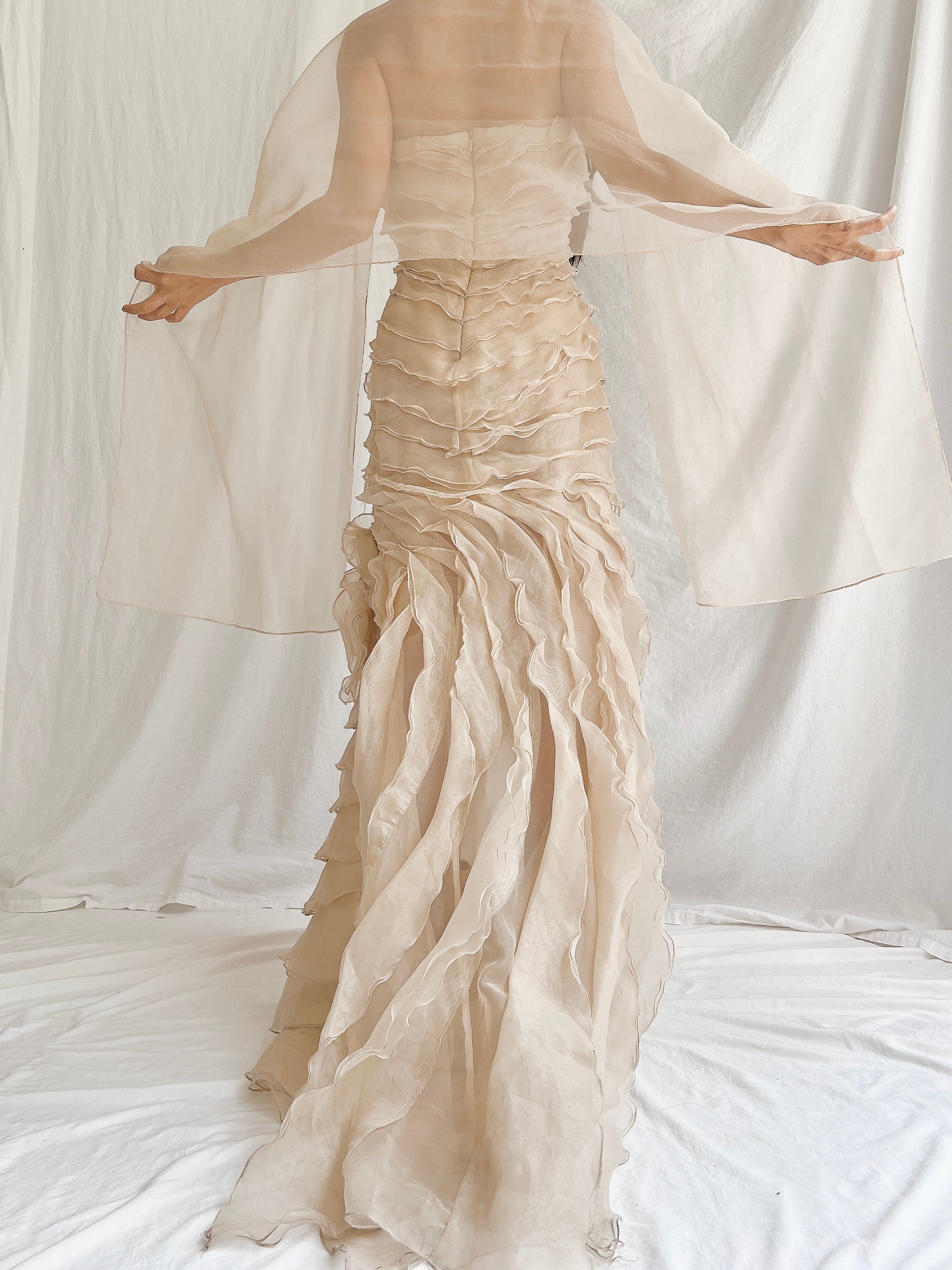 Vintage Sheer Beige Organza Gown - M