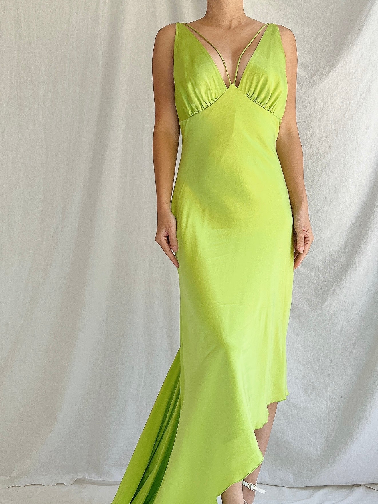 1990s Silk Chartreuse Asymmetrical Hem Gown - S