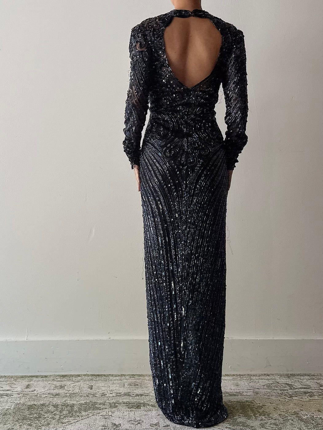 1980s Midnight Blue Silk Beaded Gown - M