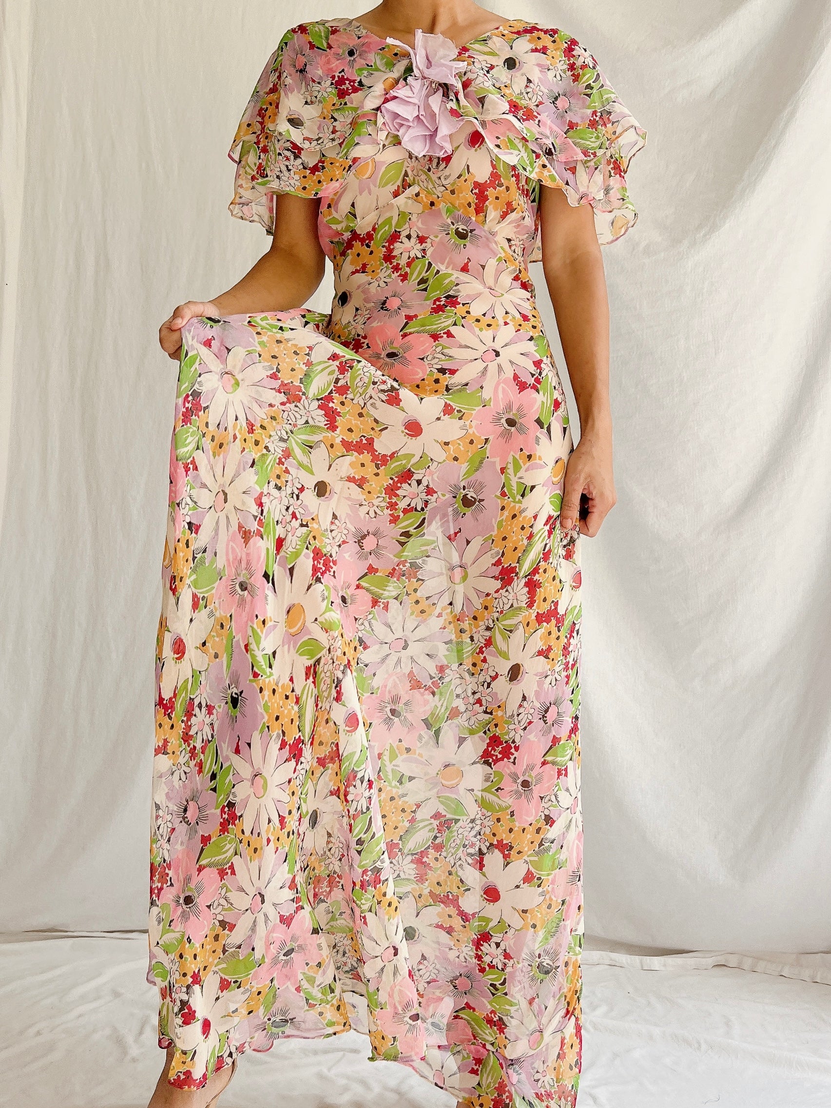 1930s Silk Floral Gown - XS/S