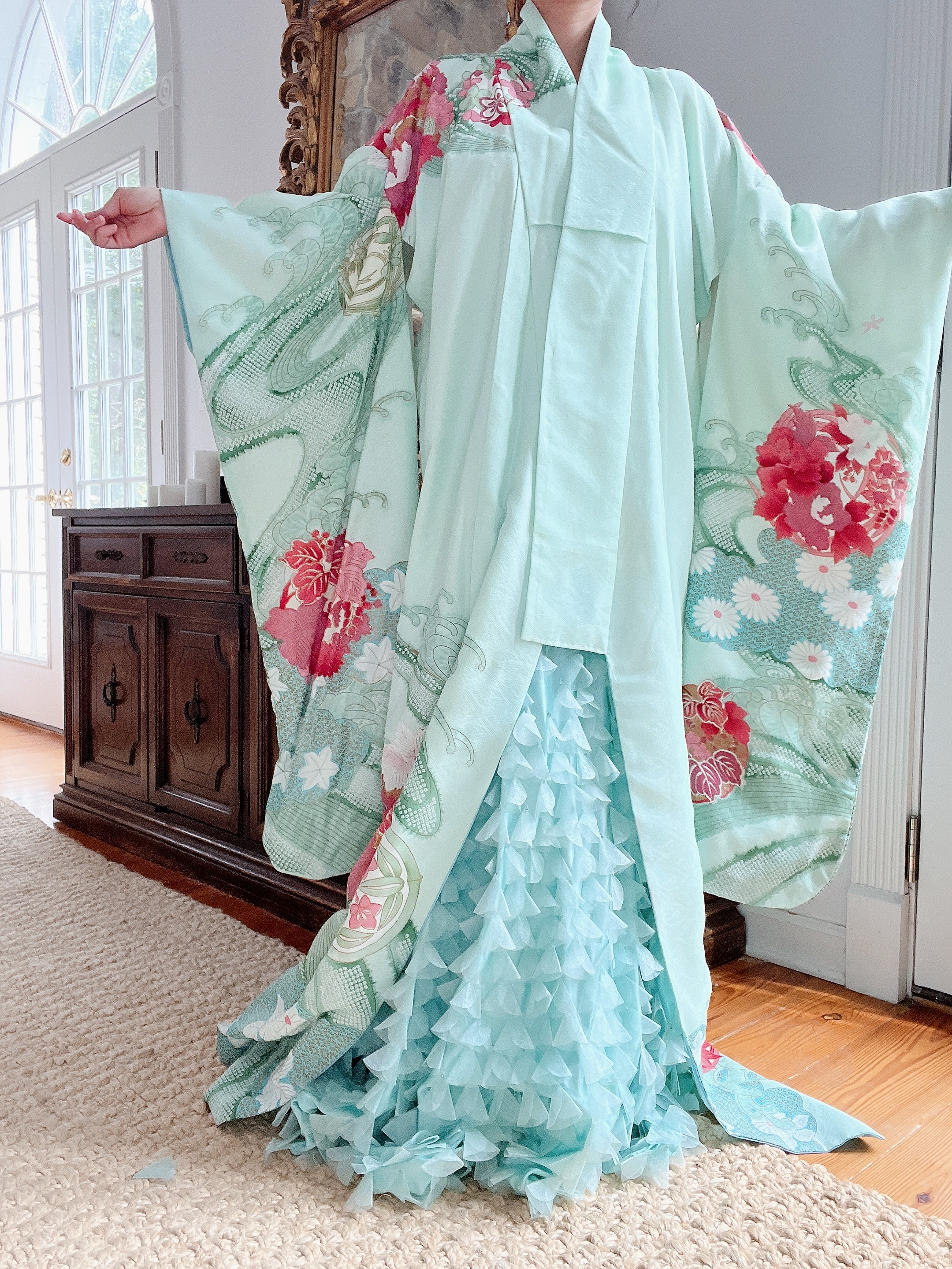 Vintage Silk Teal Abstract Kimono - OSFA