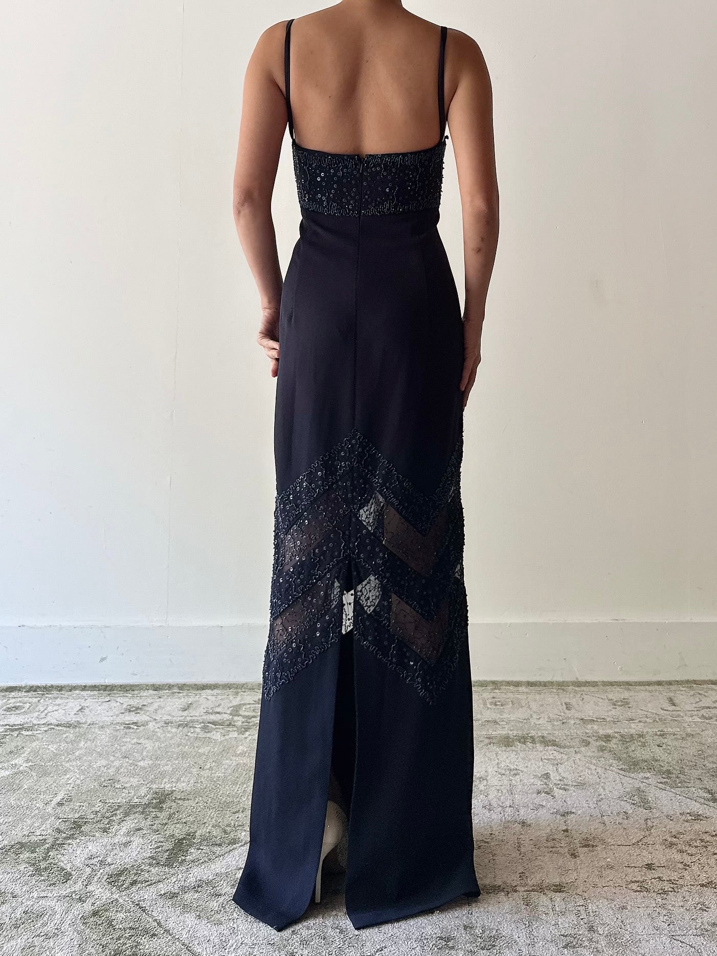 Vintage Navy Blue Rayon Beaded Dress - M