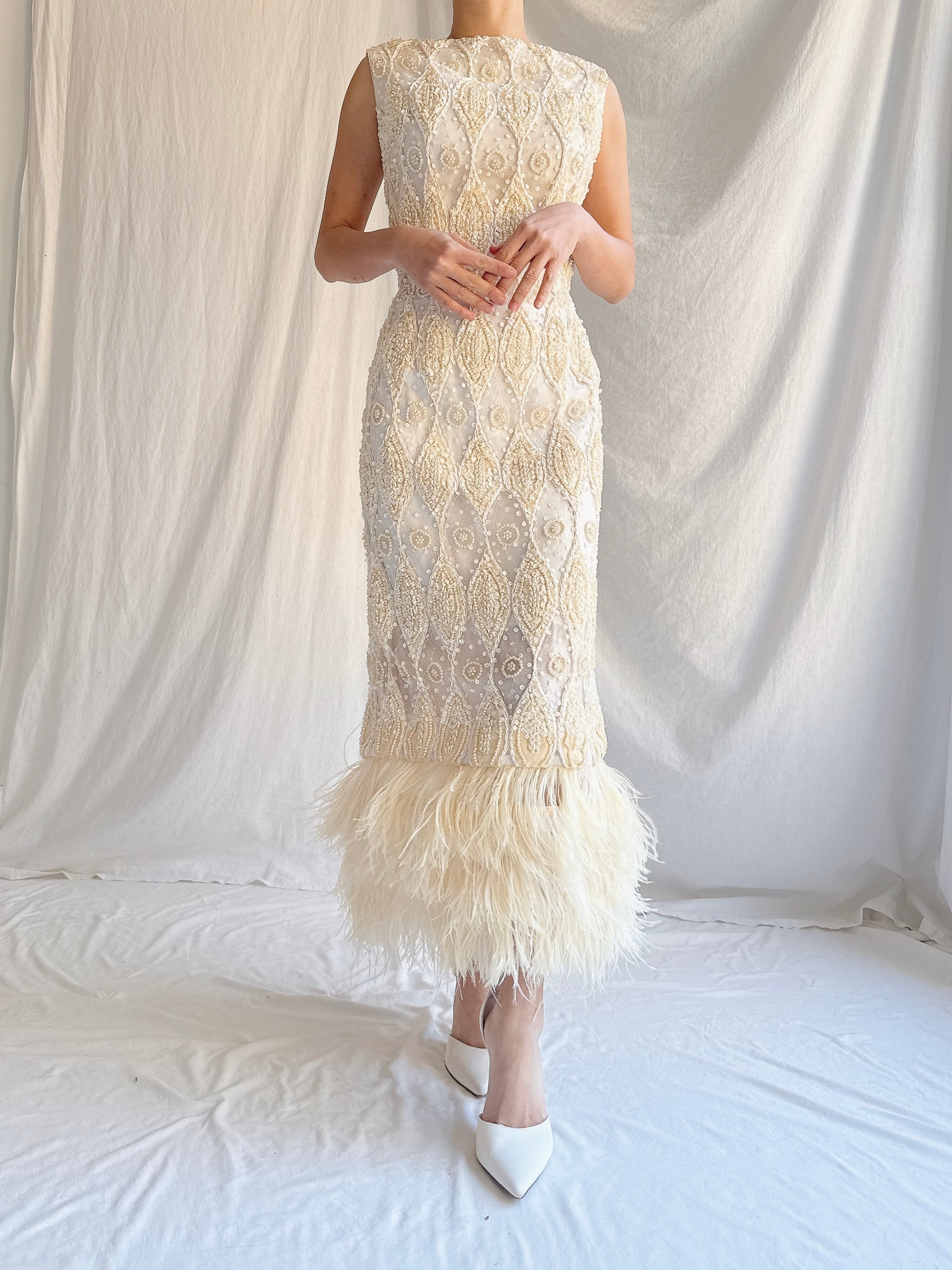 1960s Tulle Beaded Gown with Feather Embellishment - S 4-6