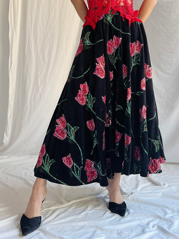 Vintage Floral Velvet Embellished Skirt - M