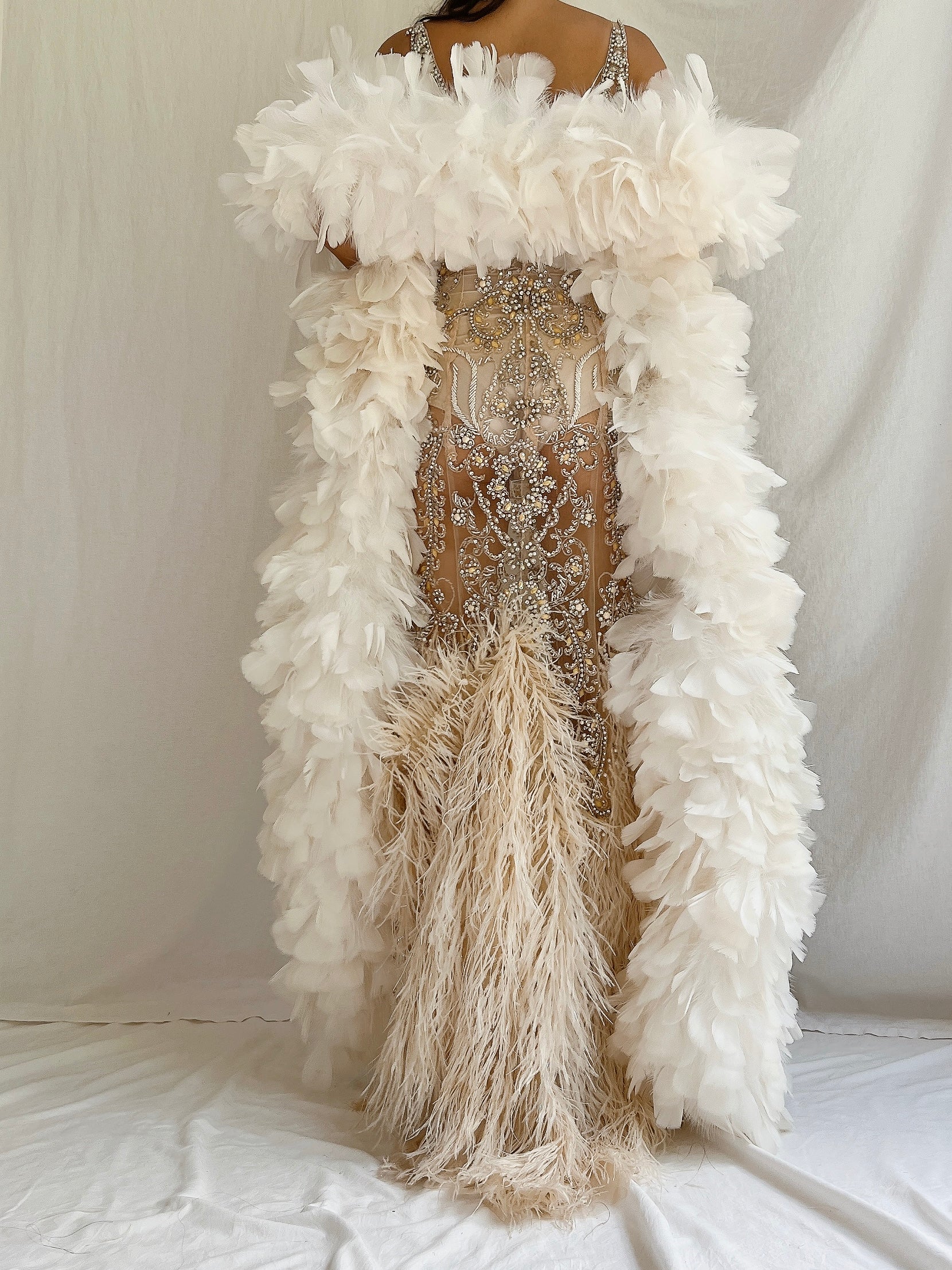 Y2K Nude Sheer Ostrich Feather Dress - S