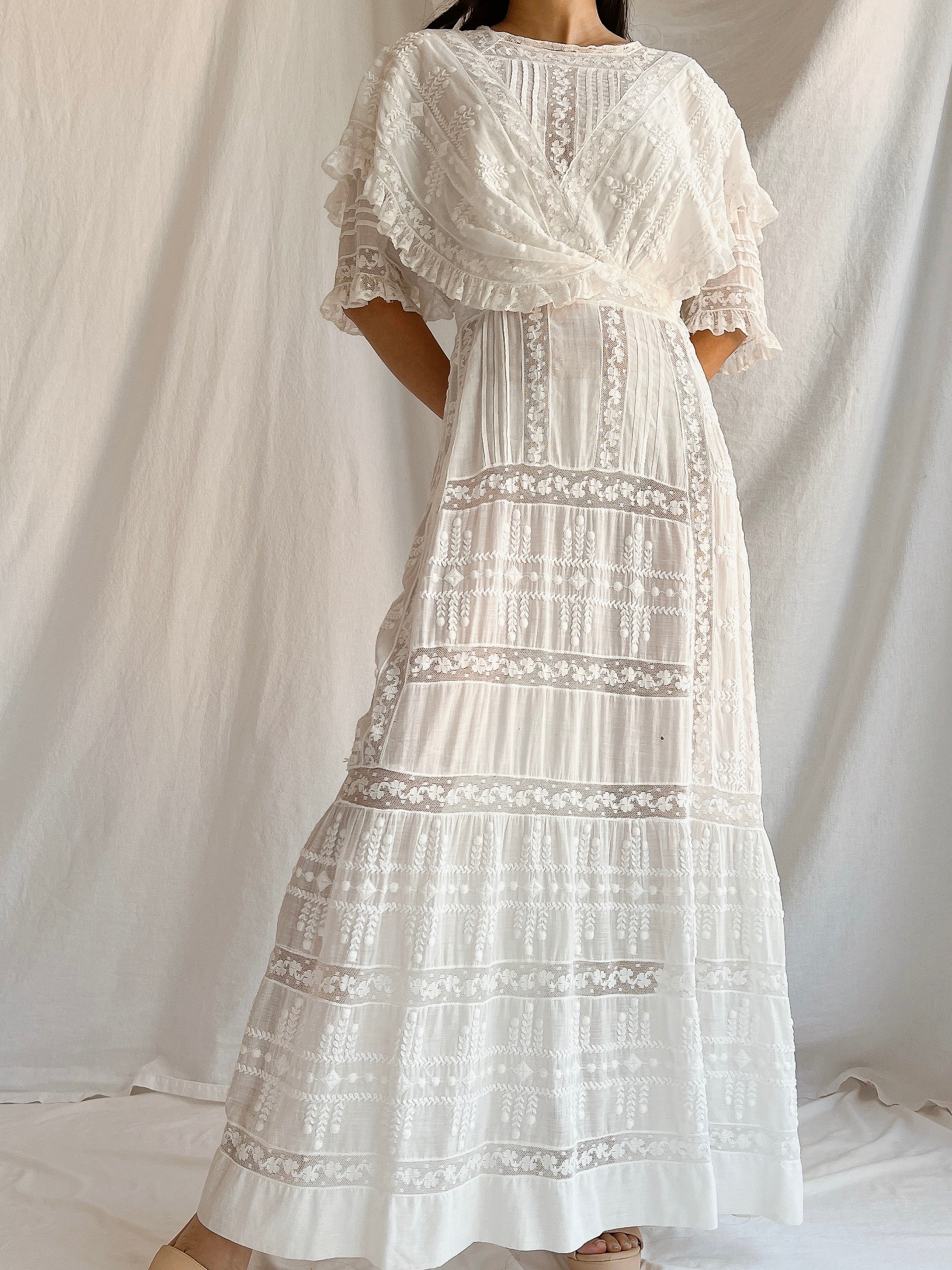 Edwardian Cotton Draped Bodice Lawn Dress - XS
