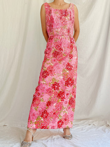 1960s Floral Sequins Wiggle Dress - M