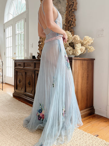 1930s Blue Sheer Tulle Dress - XS