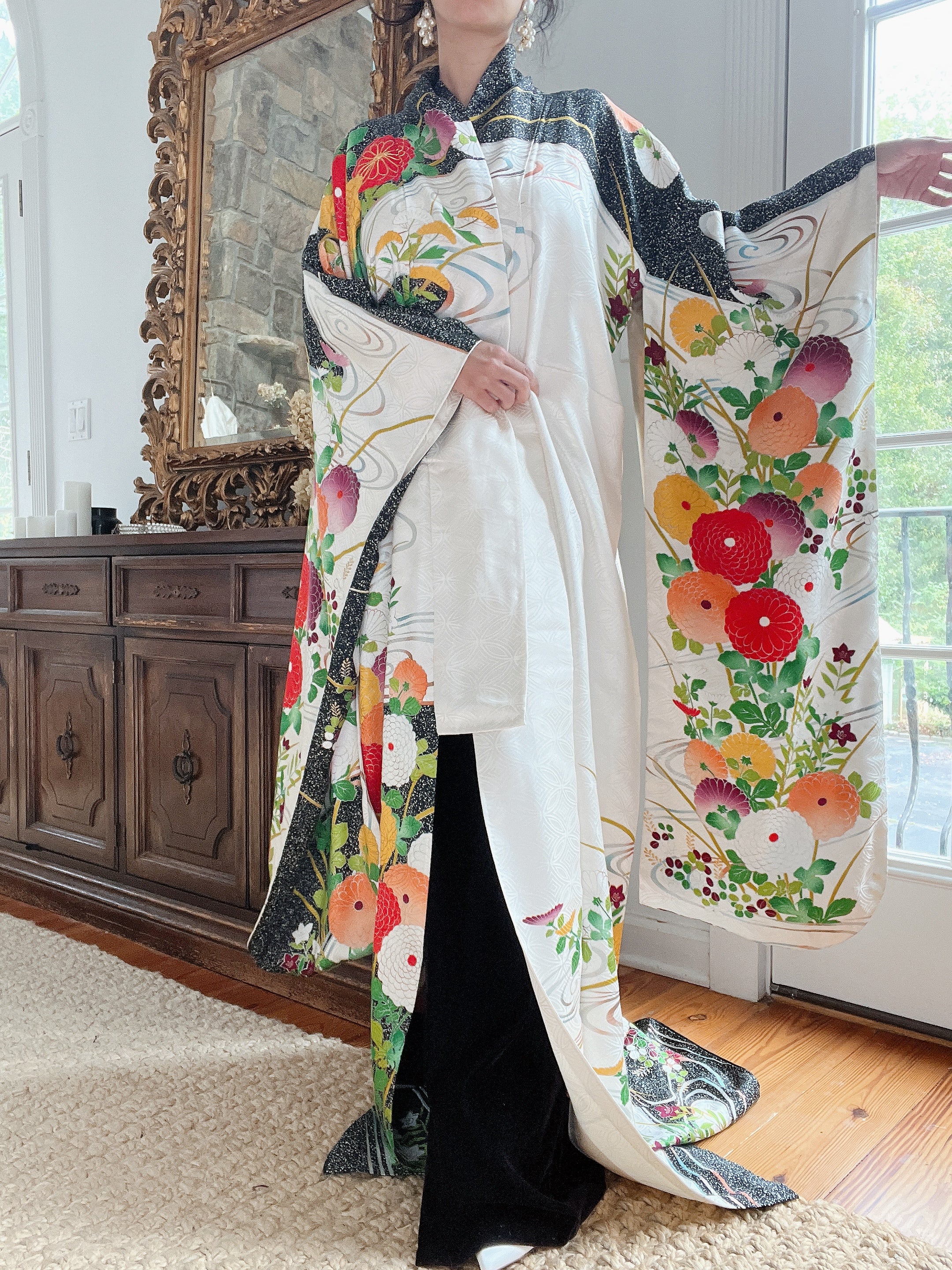 Vintage Silk Black and Green Floral Kimono - OSFA