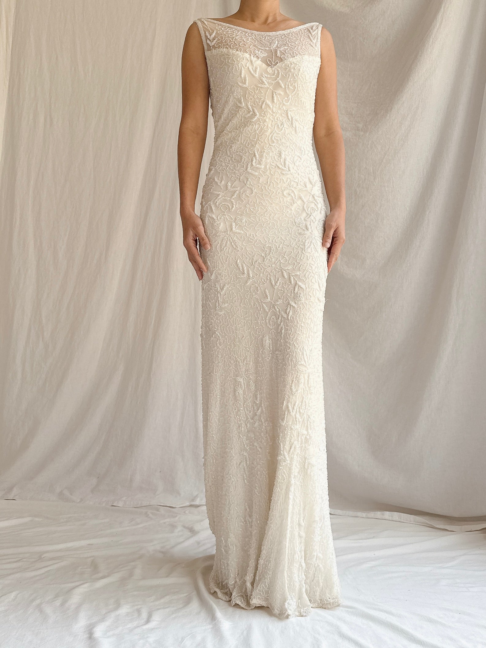 Vintage Ivory Silk Beaded Gown - S