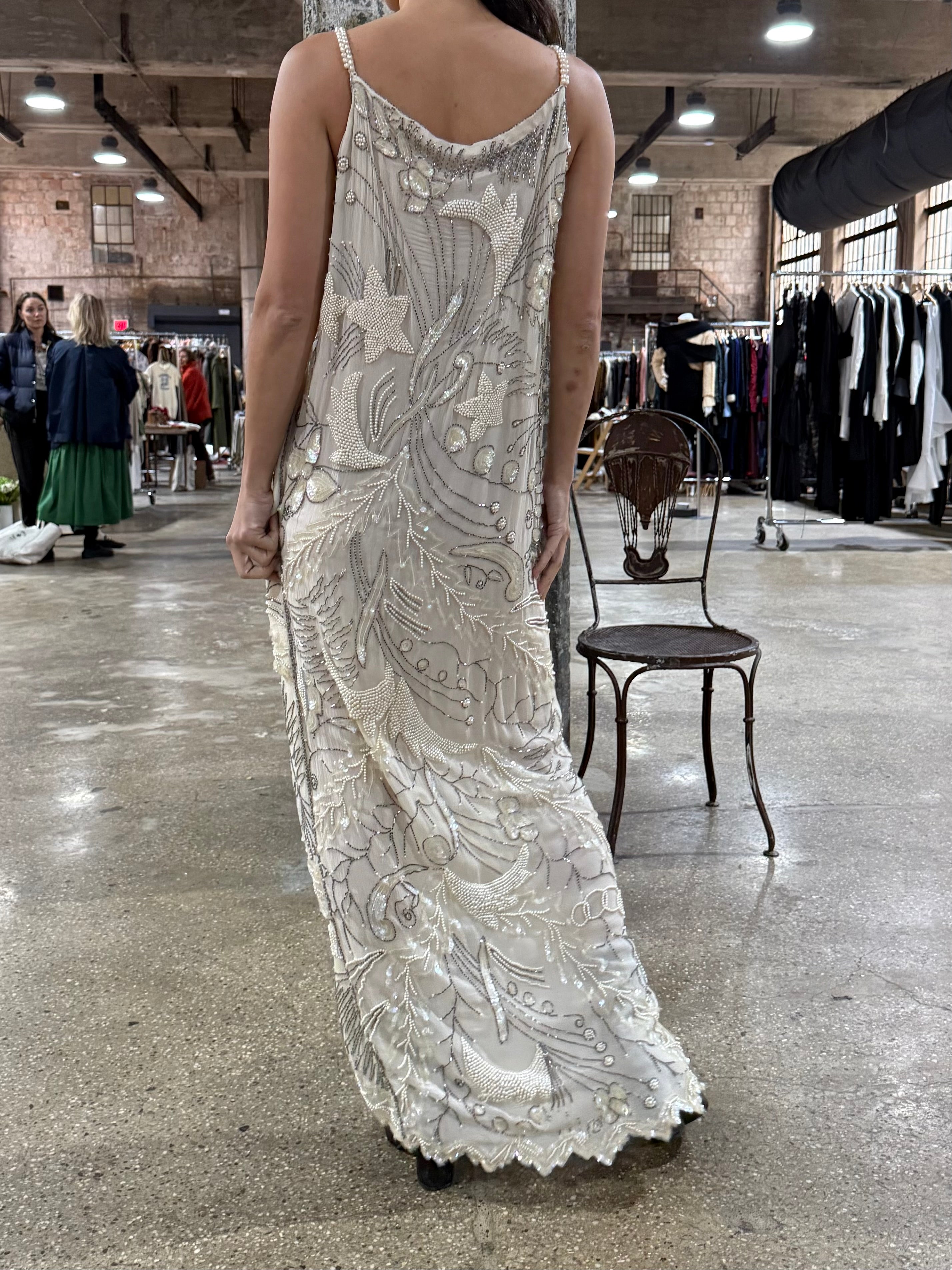 1980s Silk Chiffon Seed Pearls Stars Dress - S