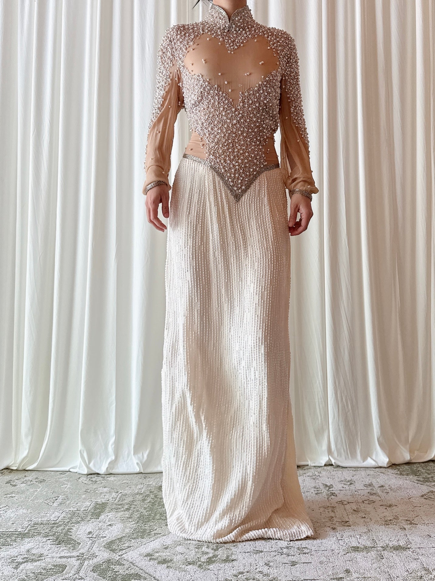 Vintage Ivory Silk Beaded Dress - Size 6
