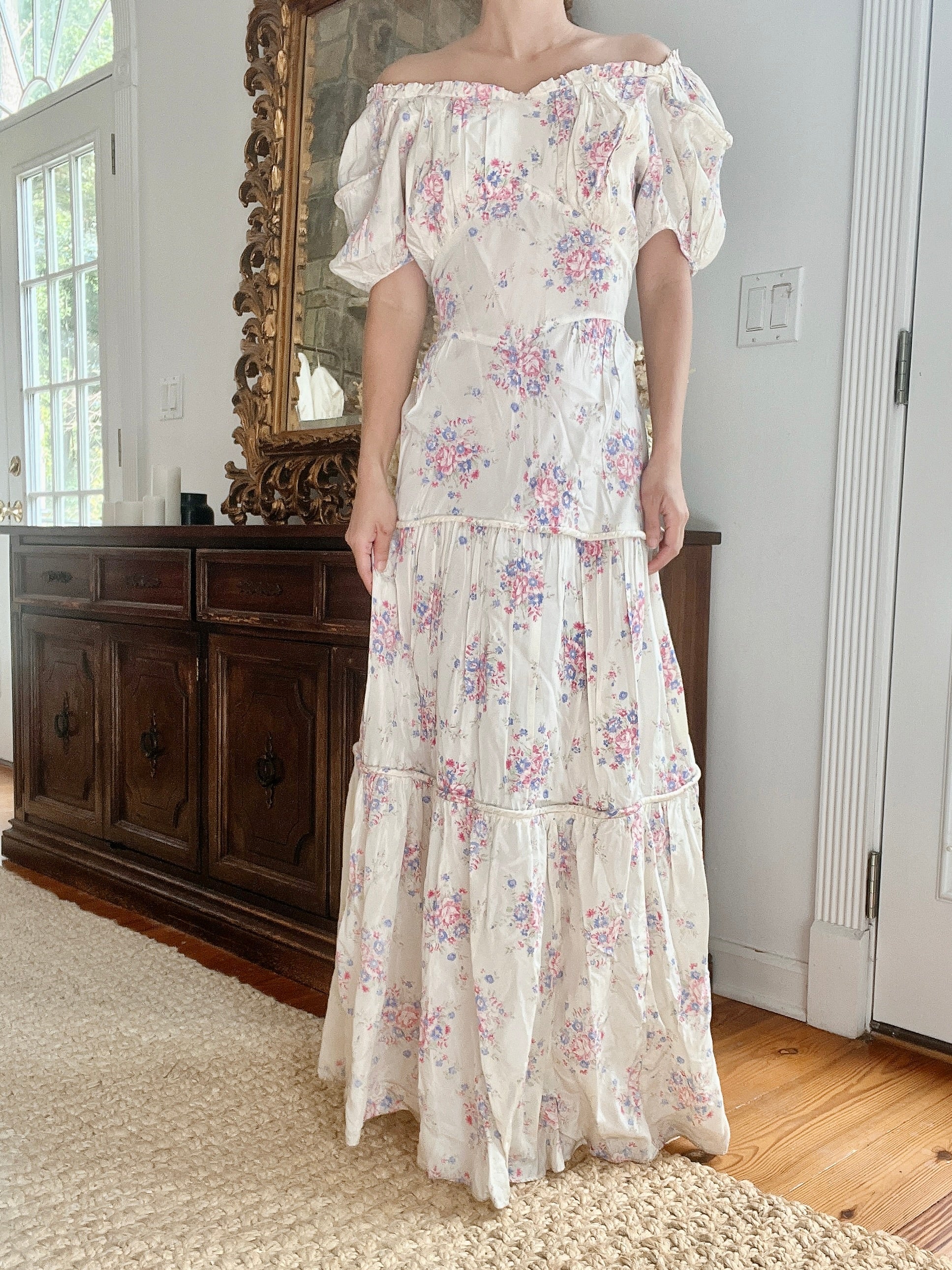 1940s Taffeta Floral Dress - M