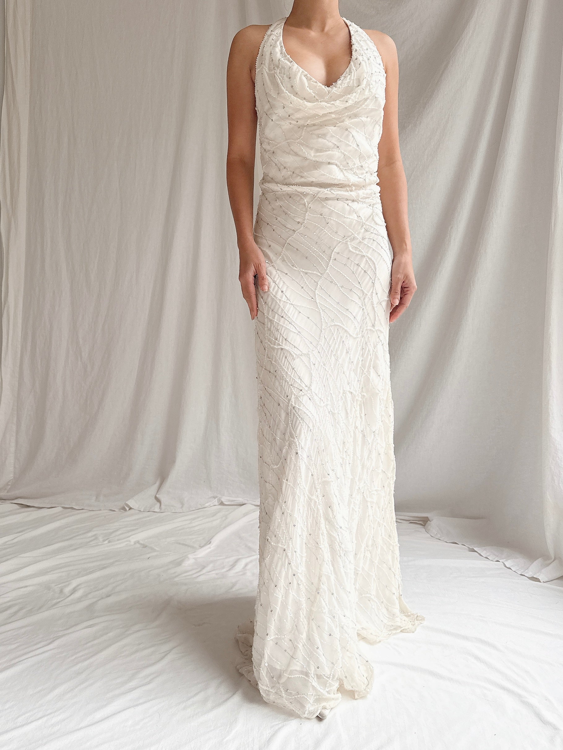 Vintage Silk Beaded Bias Halter Dress - M