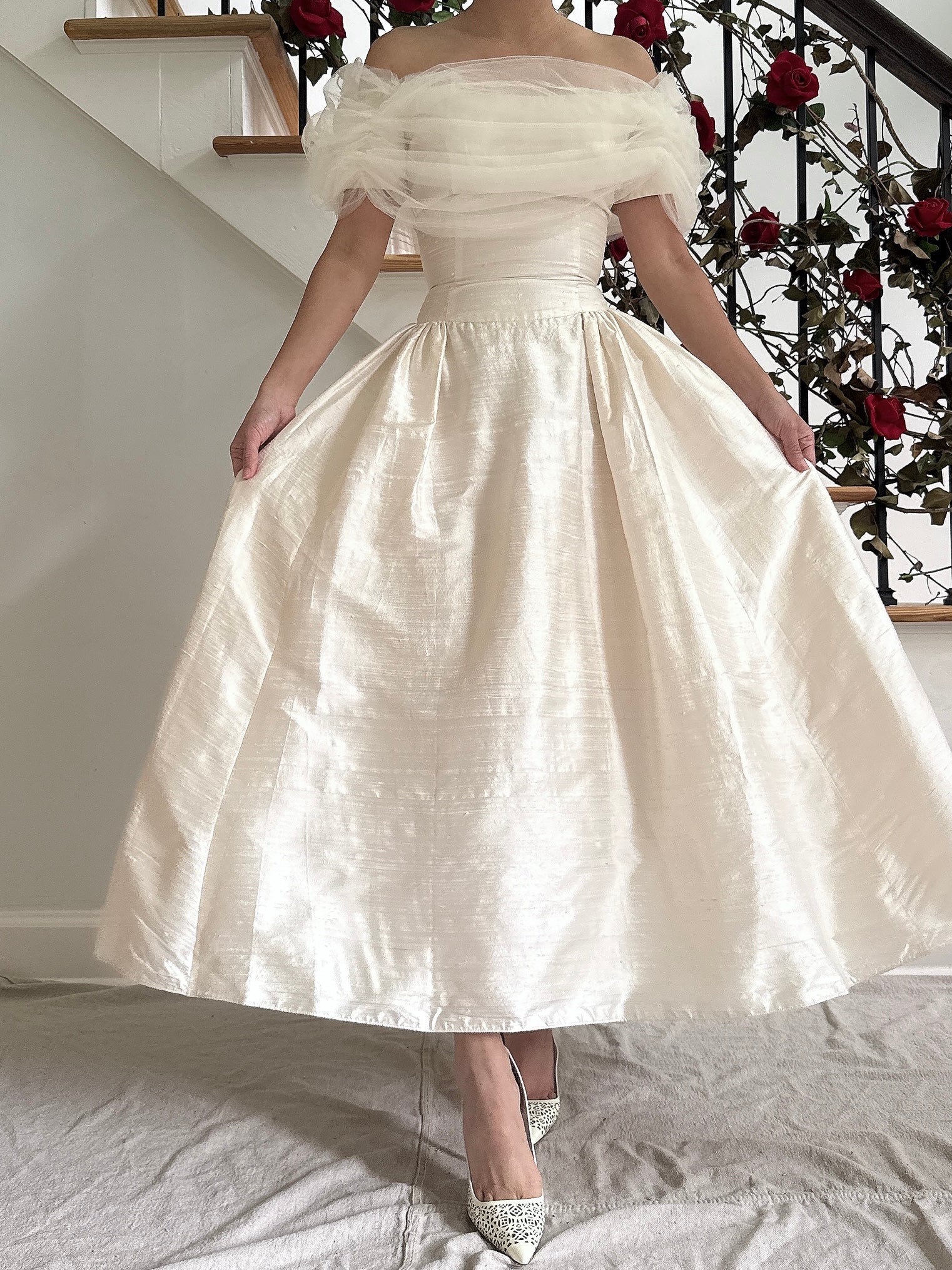 Vintage Raw Silk Tulle Dress Off The Shoulder - S/M